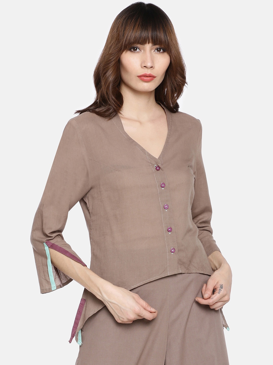 

GRASS by Gitika Goyal Women Taupe Slim Fit Solid Shirt