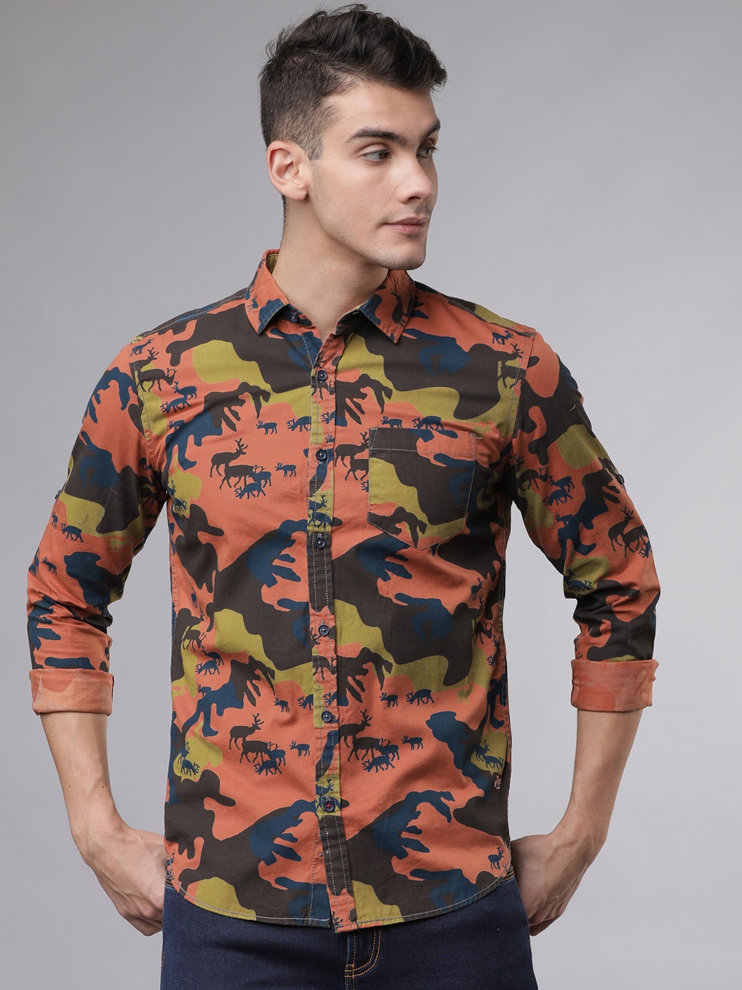 

LOCOMOTIVE Men Orange & Navy Blue Slim Fit Printed Casual Shirt