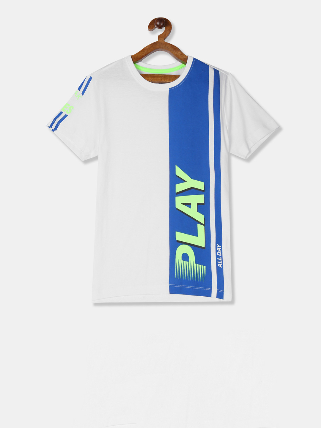 

Flying Machine Boys White Blue Printed Round Neck Pure Cotton T-shirt