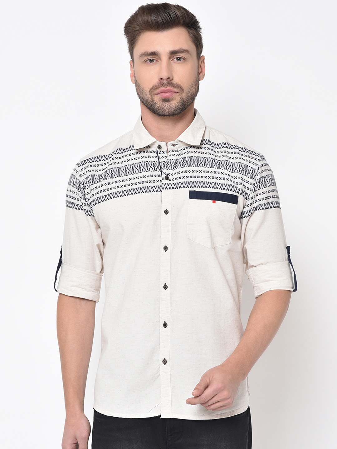 

Duke Men Off-White & Navy Blue Slim Fit Printed Casual Shirt