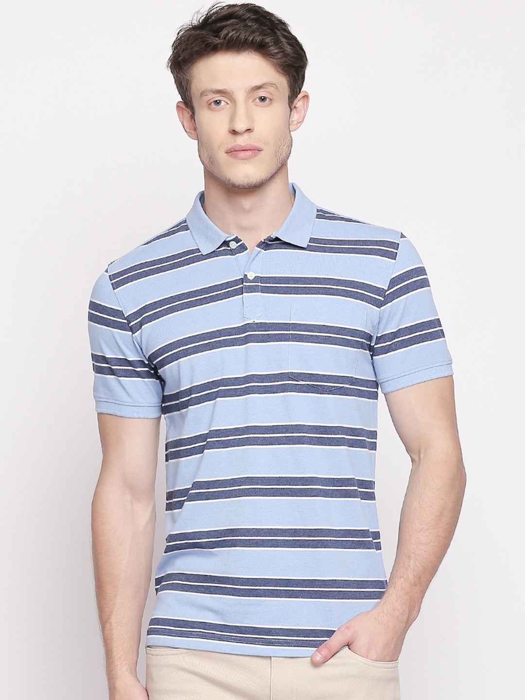 

BYFORD by Pantaloons Men Blue Striped Polo Collar T-shirt