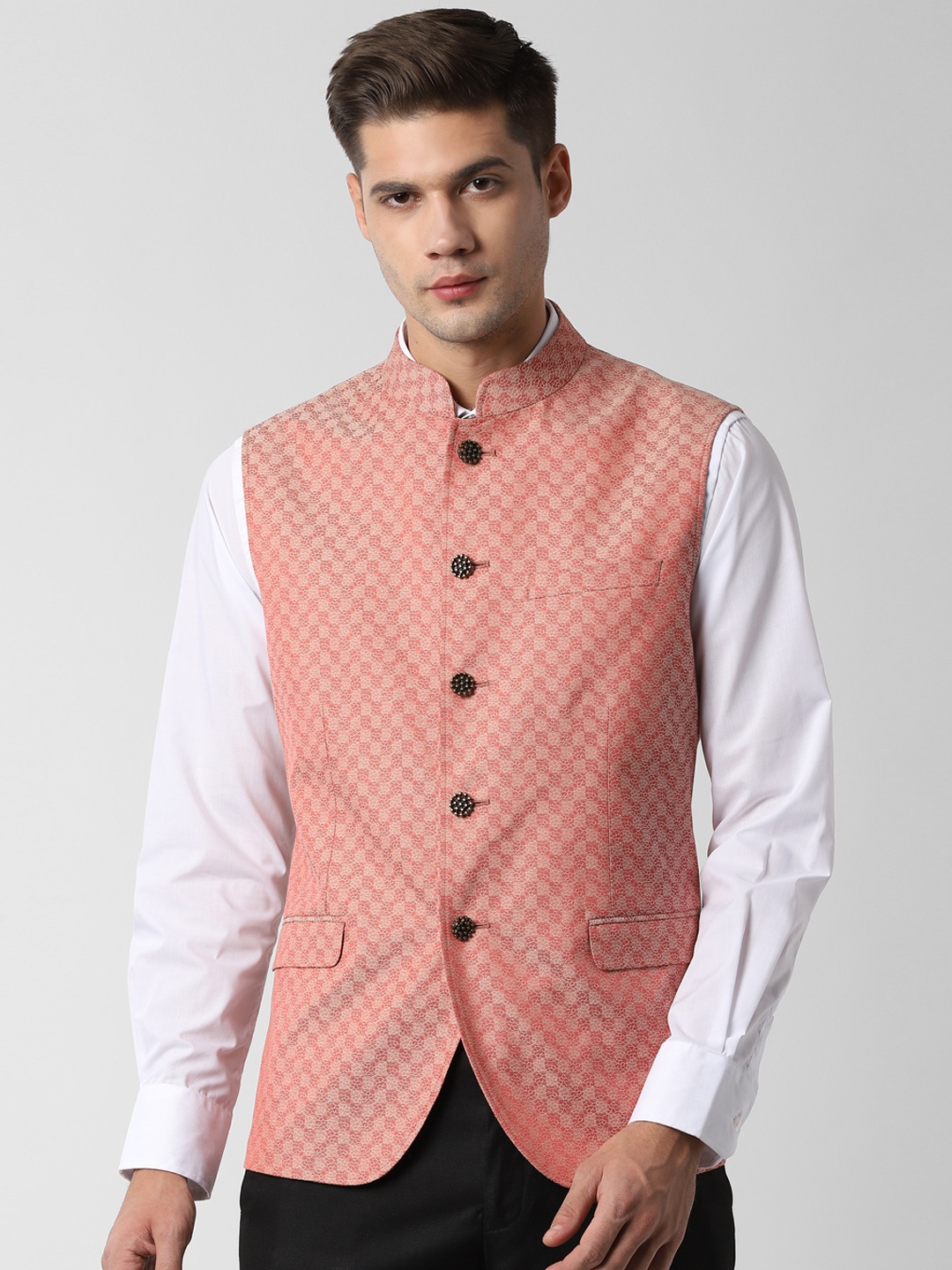 

Peter England Men Orange Woven Design Nehru Jacket