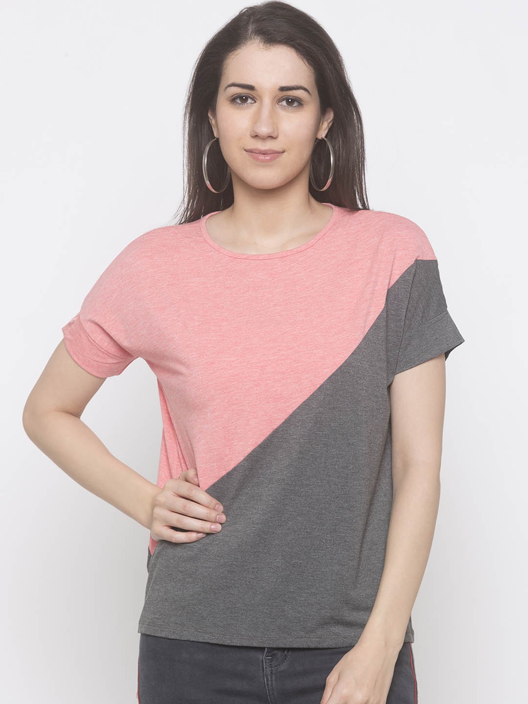 

Globus Women Peach-Coloured And Grey Colourblocked Pure Cotton Top