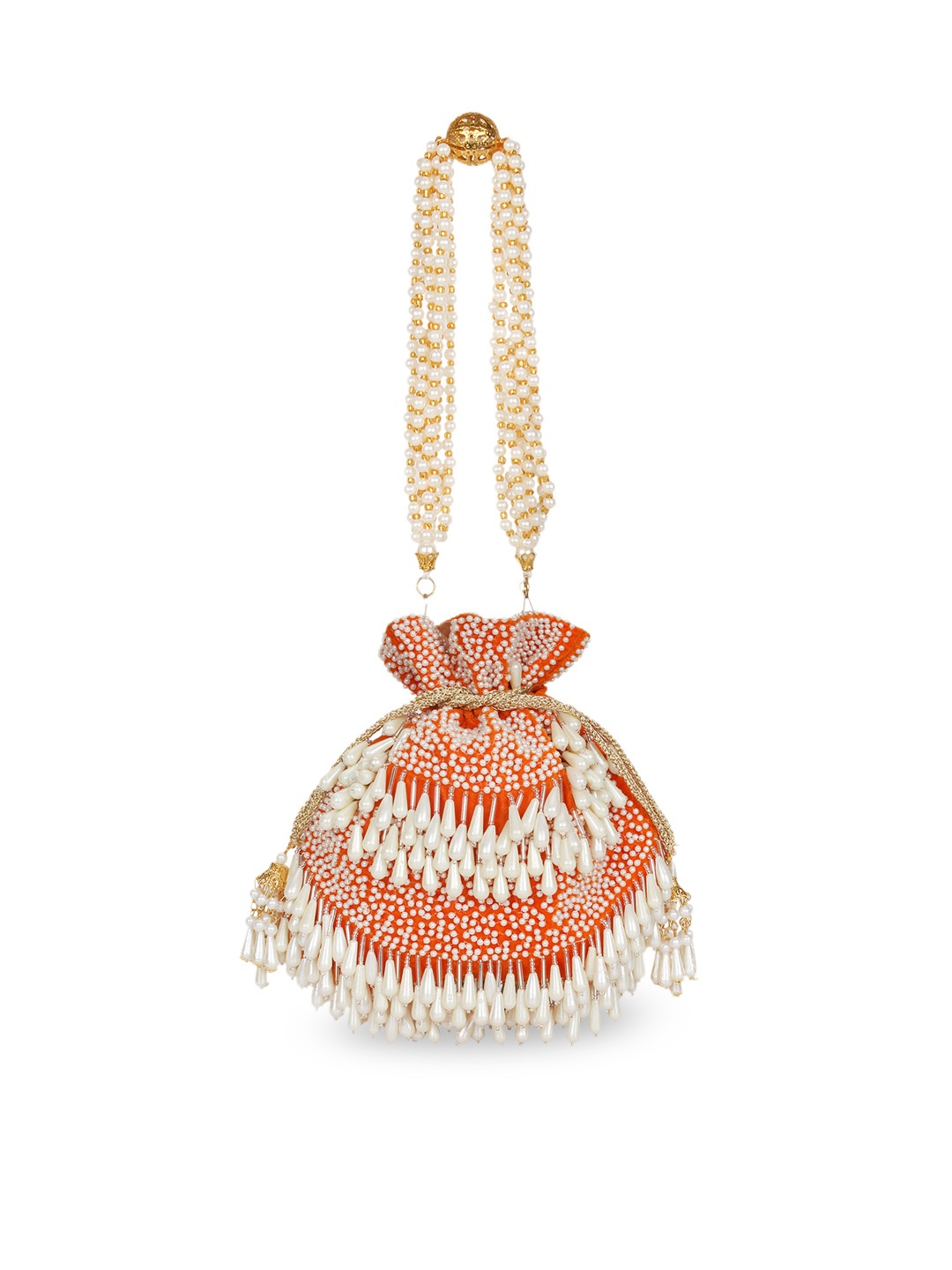 

Anekaant Orange & White Embellished Tasselled Clutch