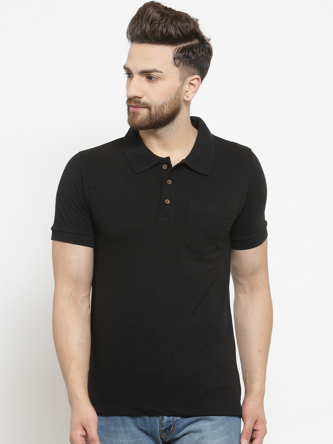 Kalt Men Black Solid Polo Collar T-shirt