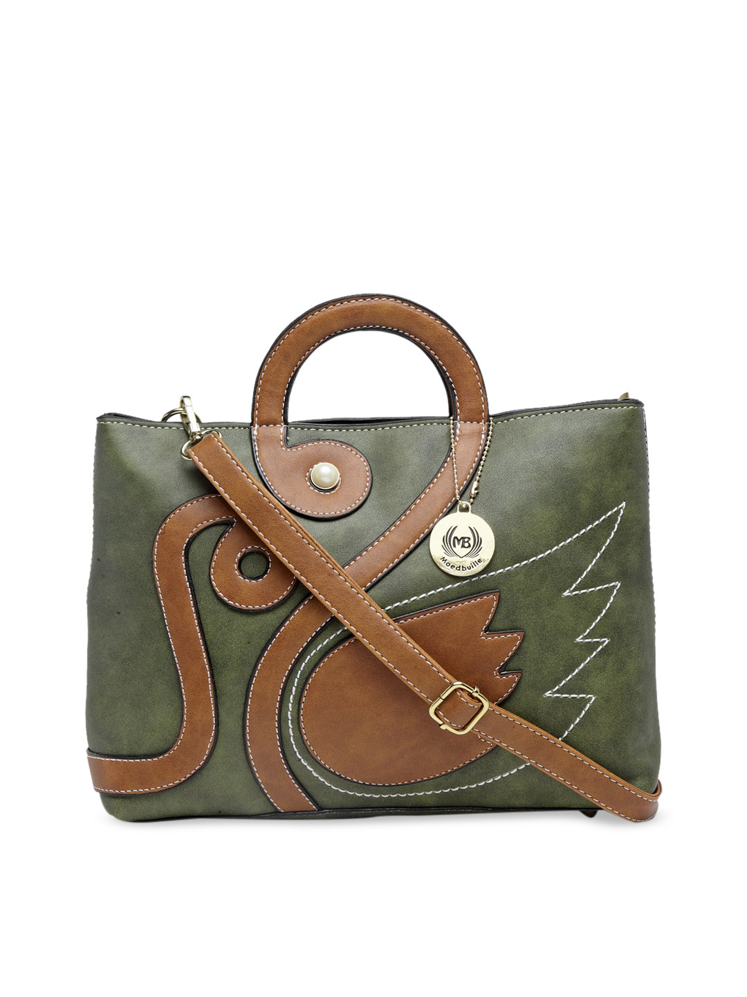 

Moedbuille Green & Tan Printed Handheld Bag
