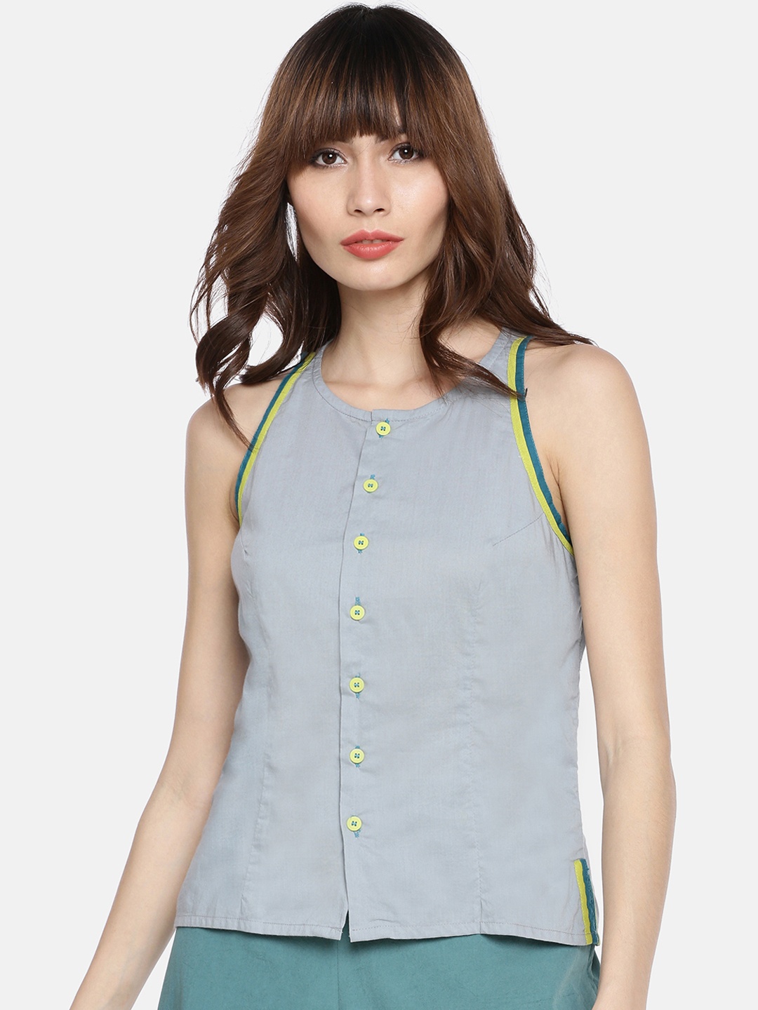 

GRASS by Gitika Goyal Women Blue Solid Top