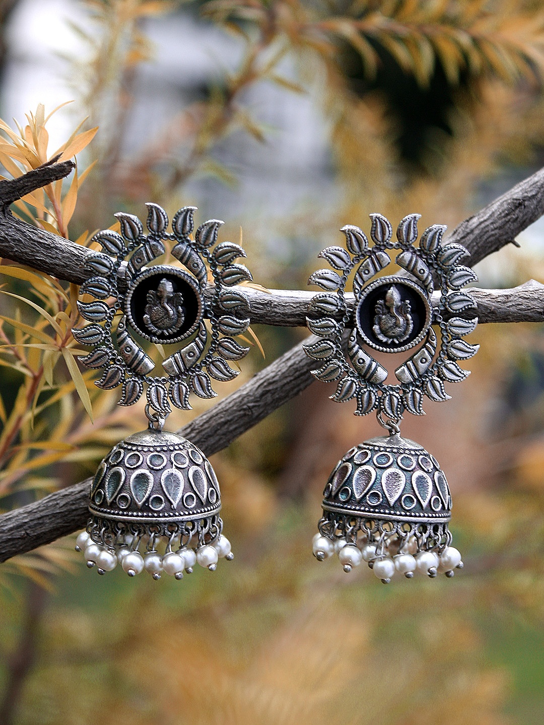 

Adwitiya Collection Silver-Plating & White Oxidised Classic Jhumkas