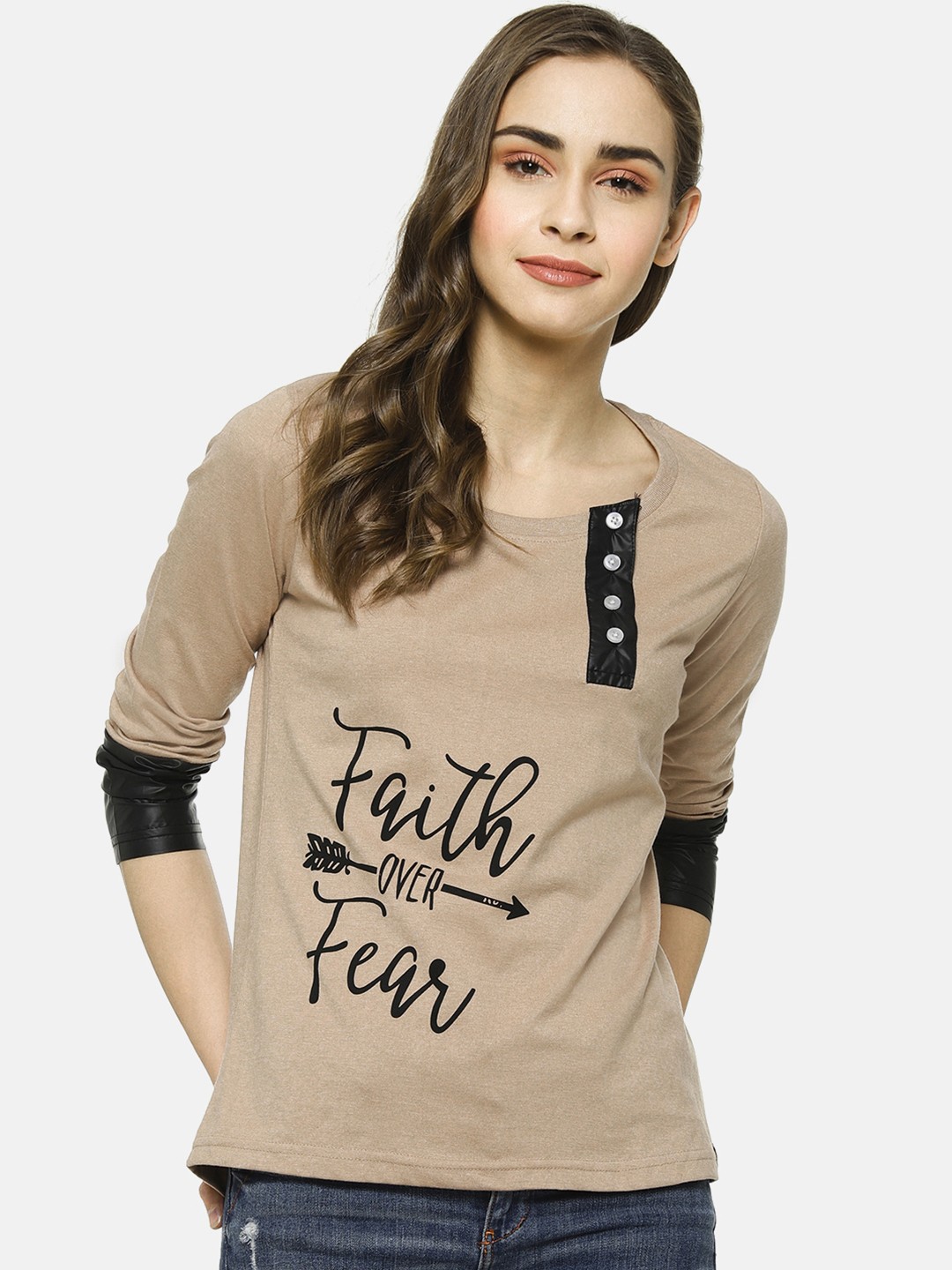 

Campus Sutra Women Brown Printed Pure Cotton Top