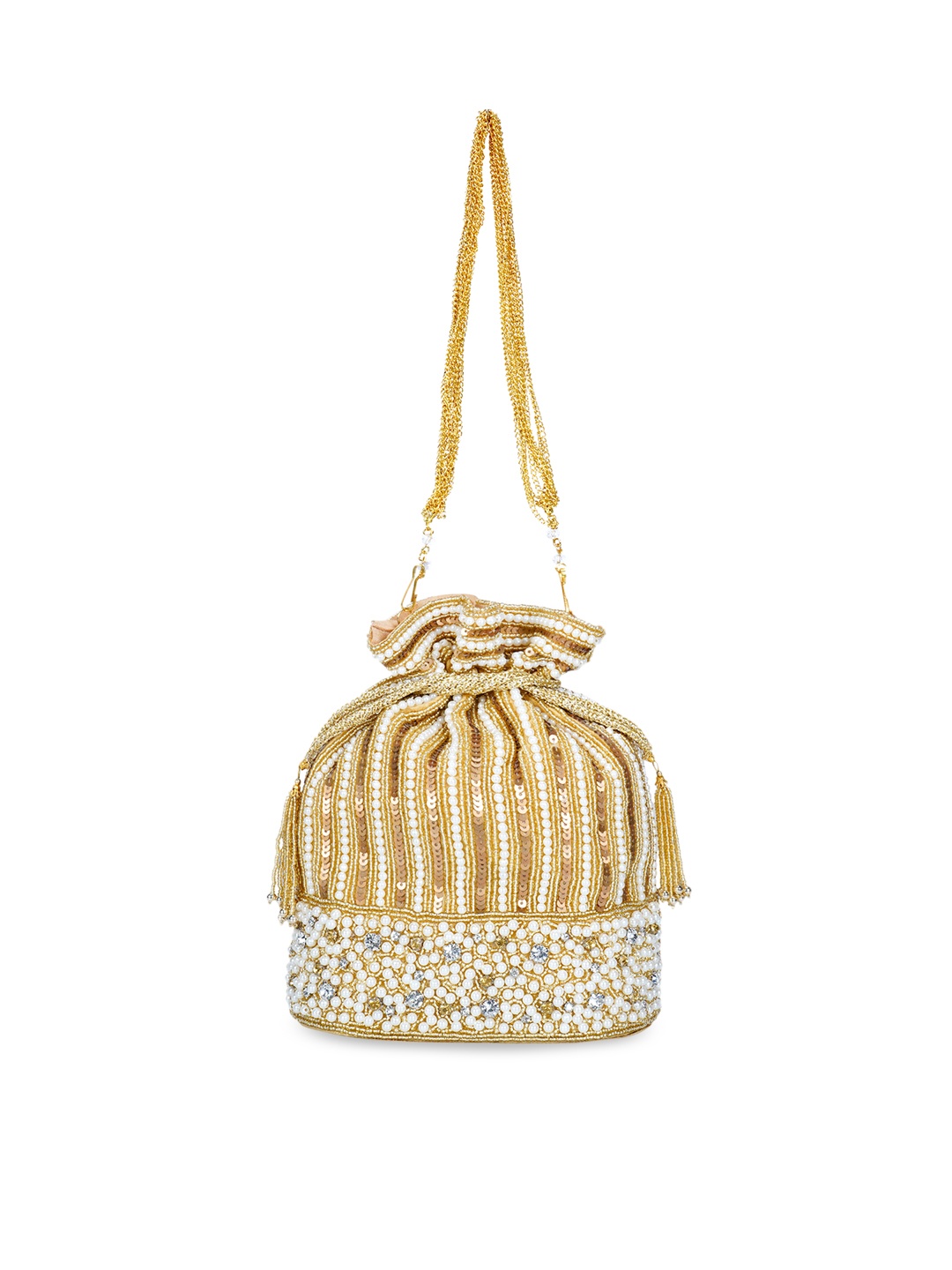 

Anekaant Gold-Toned & White Sequin Embellished Tasselled Potli Clutch