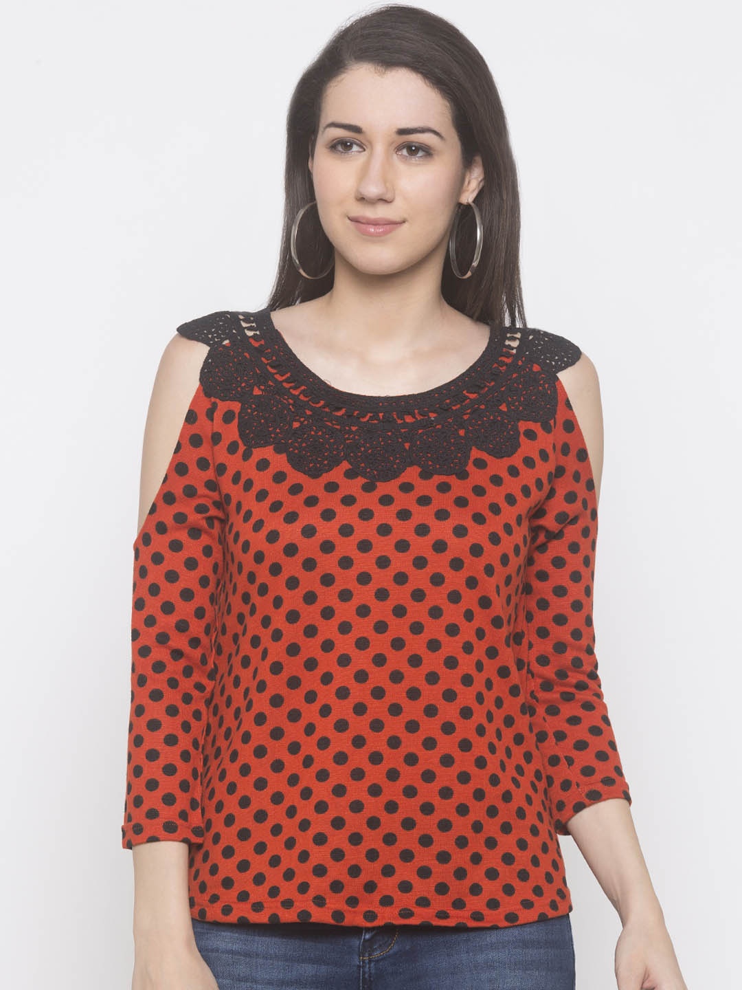 

Globus Women Red & Grey Polka Dot Print Top
