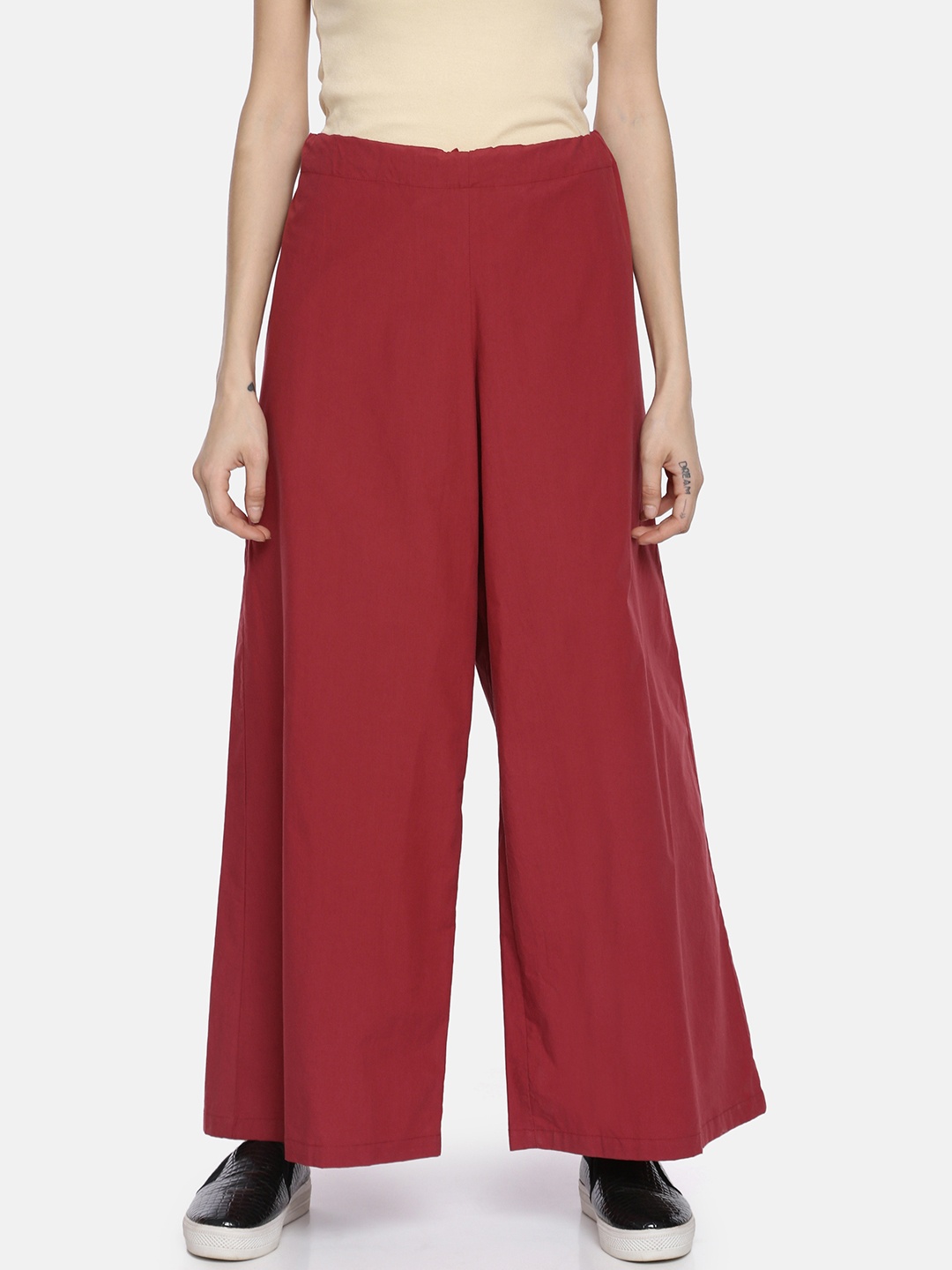 GRASS by Gitika Goyal Women Maroon Solid Wide Leg Palazzos