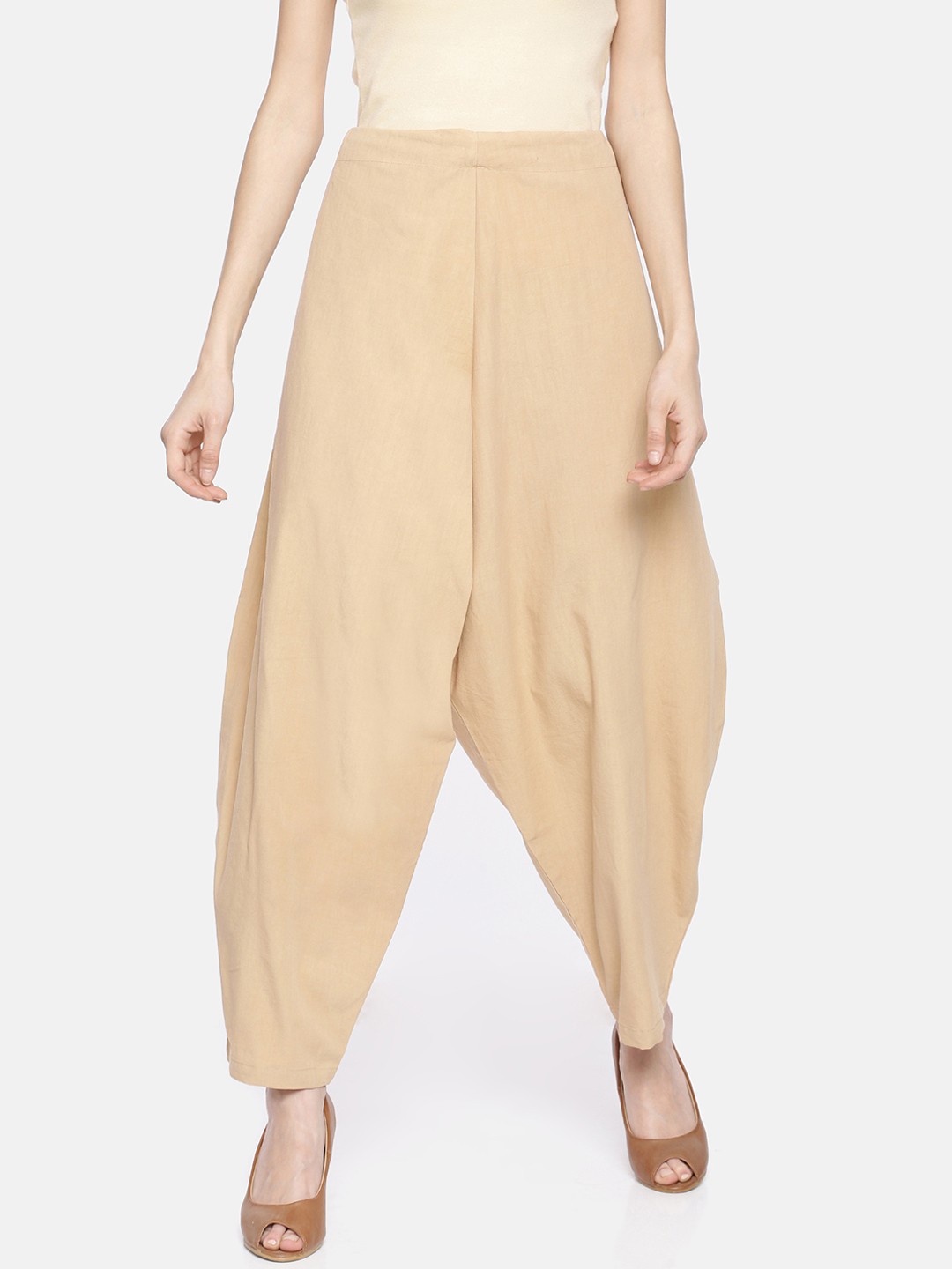

GRASS by Gitika Goyal Women Beige Loose Fit Solid Drop Crotch Trousers