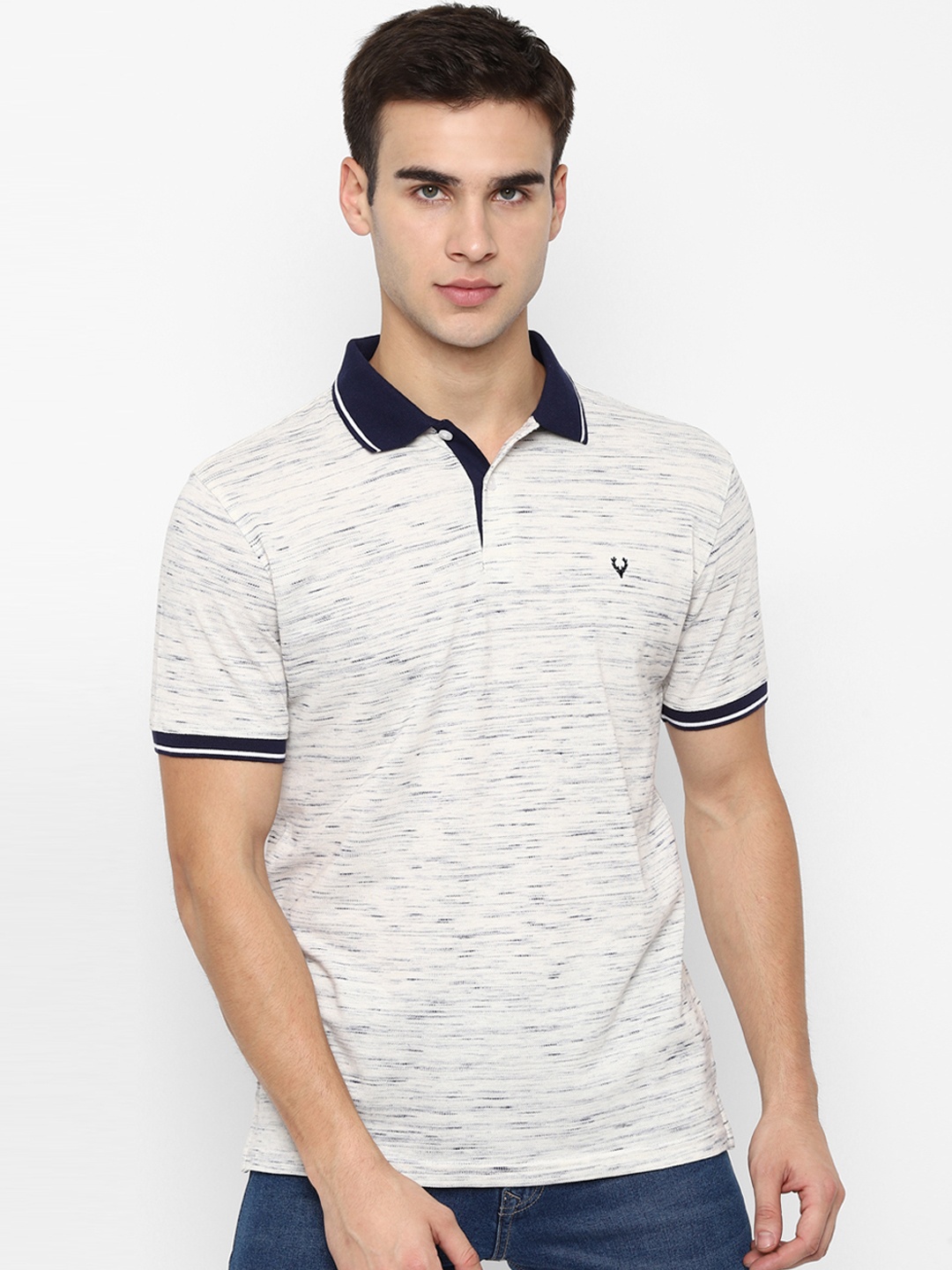 

Allen Solly Men Navy Blue Self Design Polo Collar Pure Cotton T-shirt