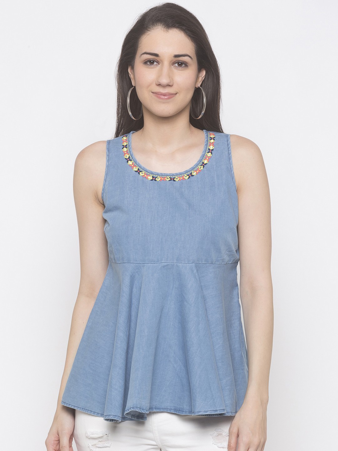 

Globus Women Blue Solid Peplum Pure Cotton Top