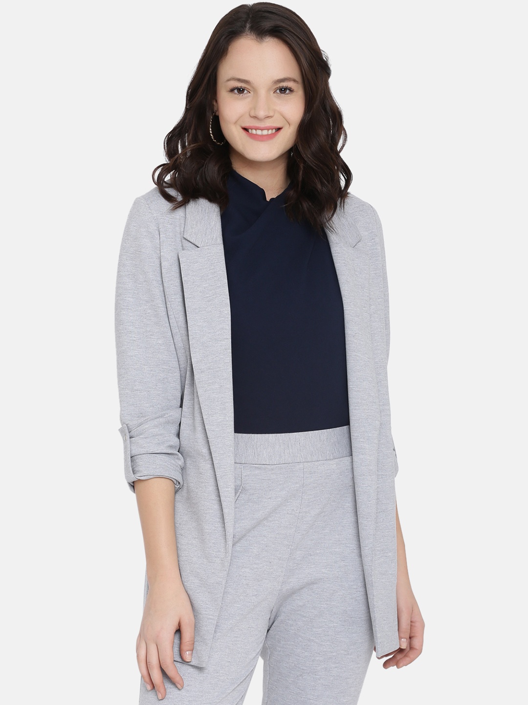 ISU Women Grey Solid Open Front Jacket