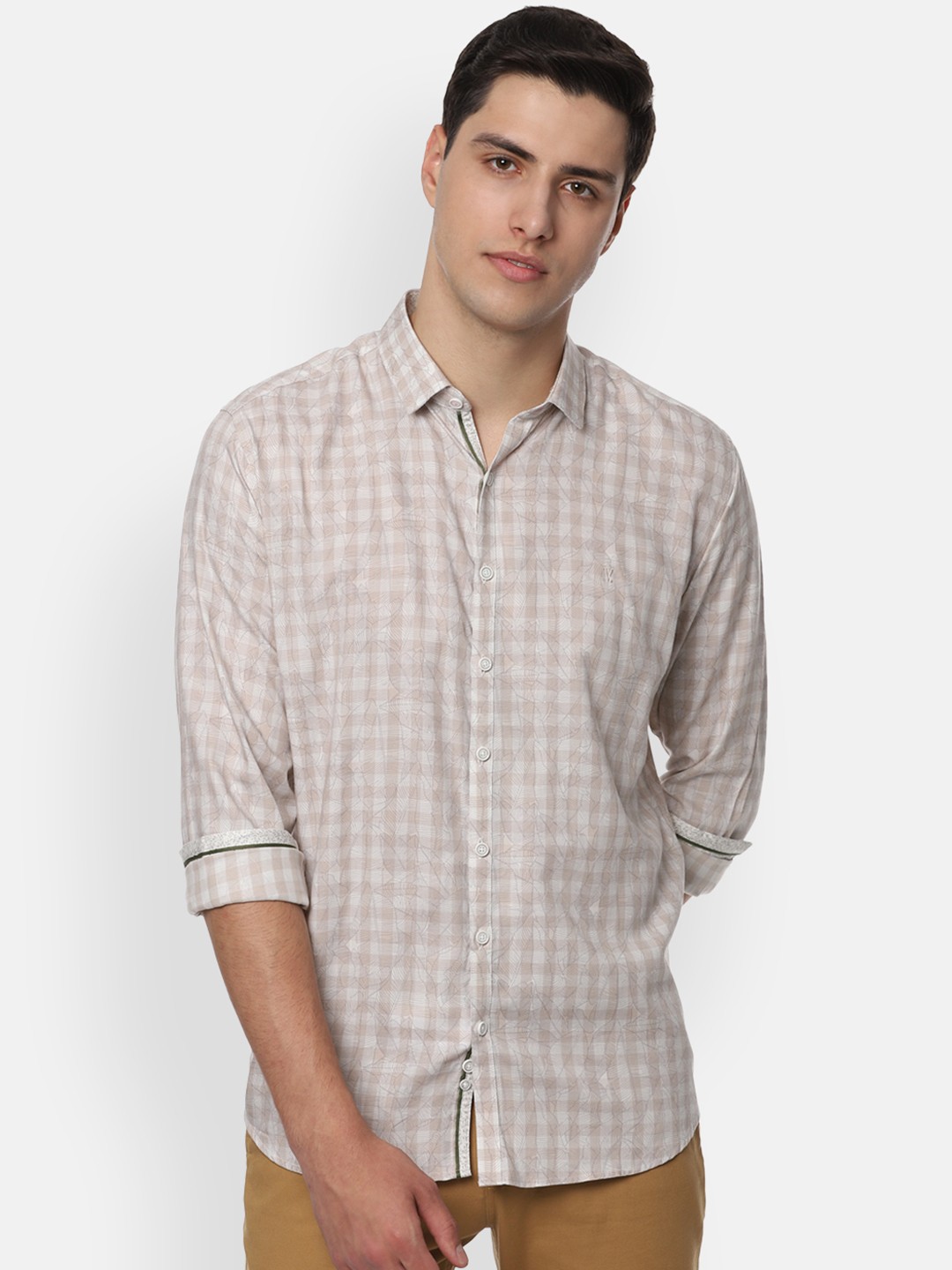 

V Dot Men Beige Slim Fit Checked Casual Shirt