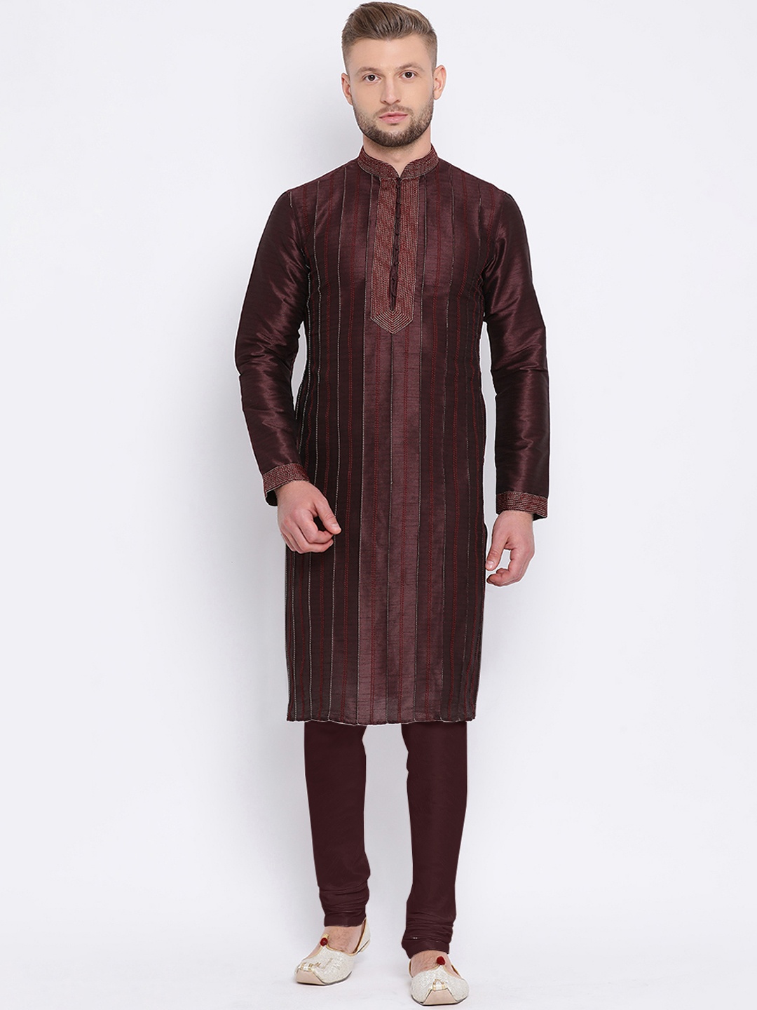 

Sanwara Men Maroon Embroidered Kurta with Churidar