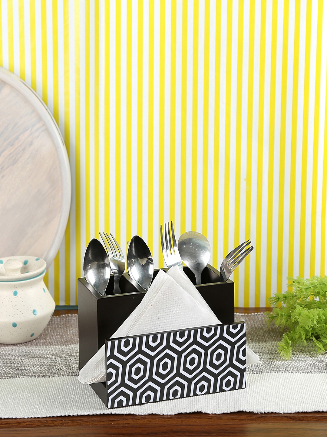 

CRAYTON Black & White Printed MDF Tissue & Cutlery Holder