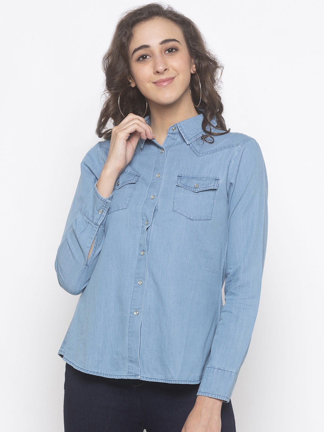

Globus Women Blue Solid Denim Shirt Style Pure Cotton Top