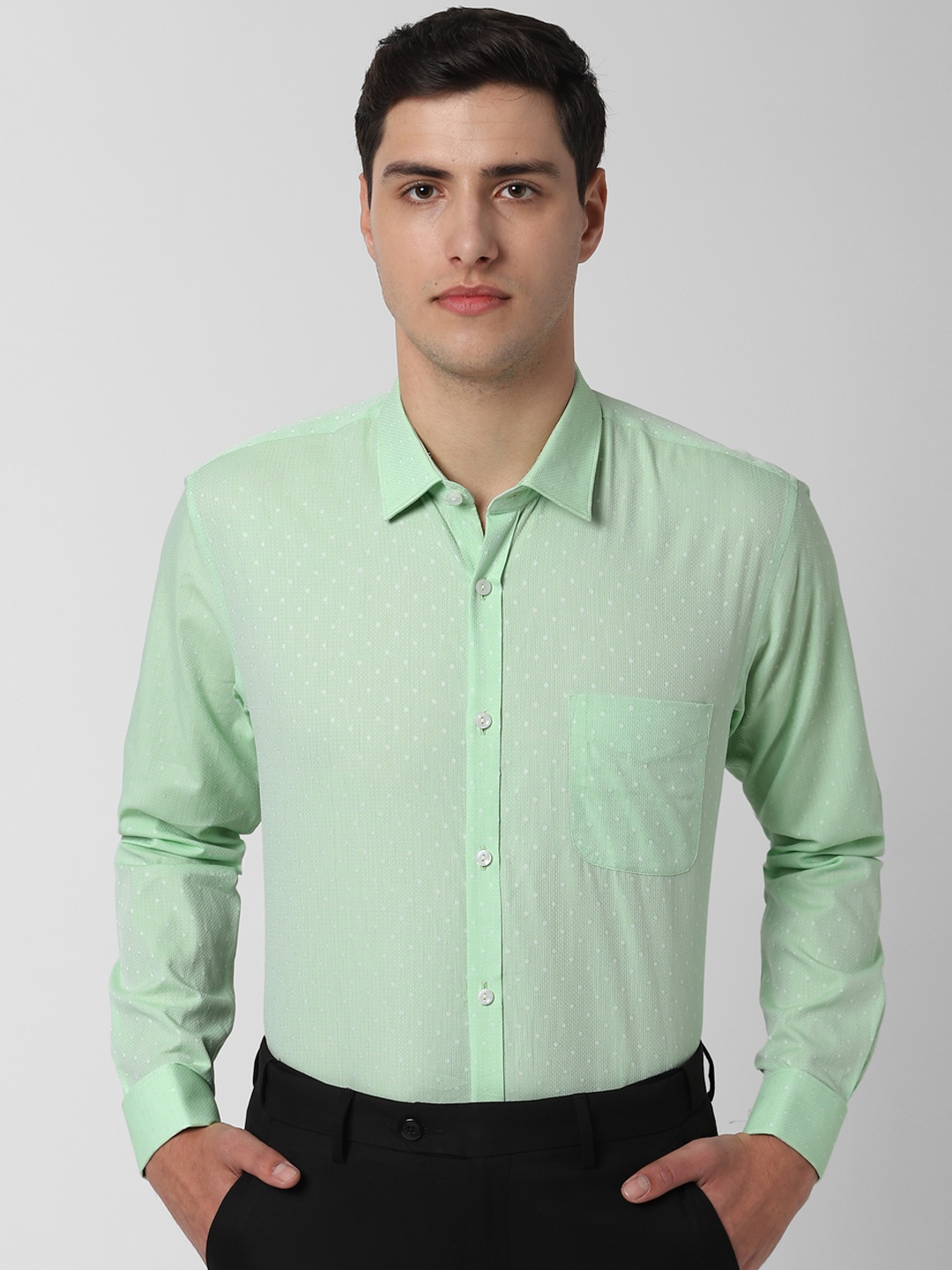 

Peter England Men Green & White Regular Fit Self Design Formal Shirt