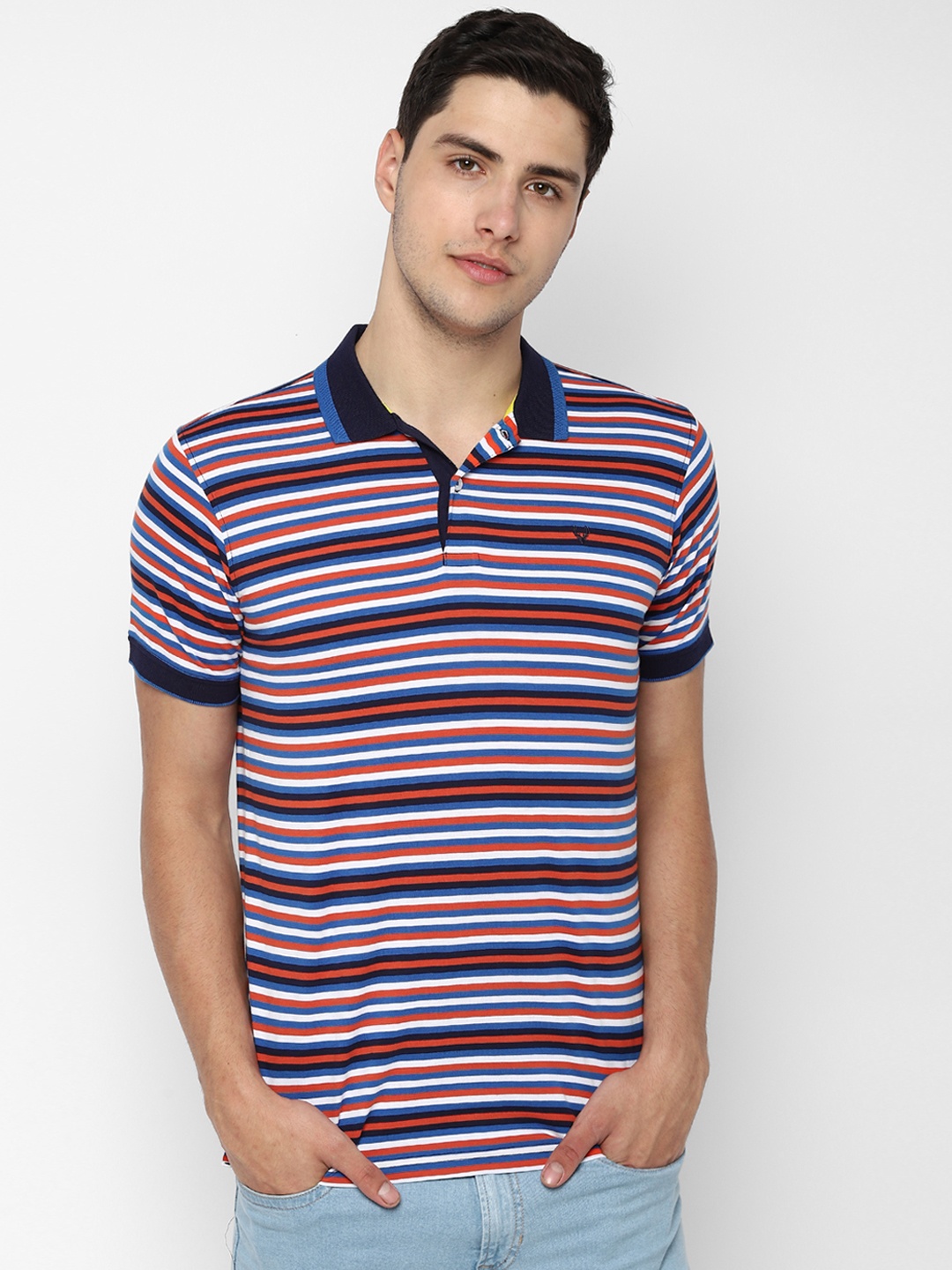 

Allen Solly Men Multicoloured Striped Polo Collar Pure Cotton T-shirt, Multi