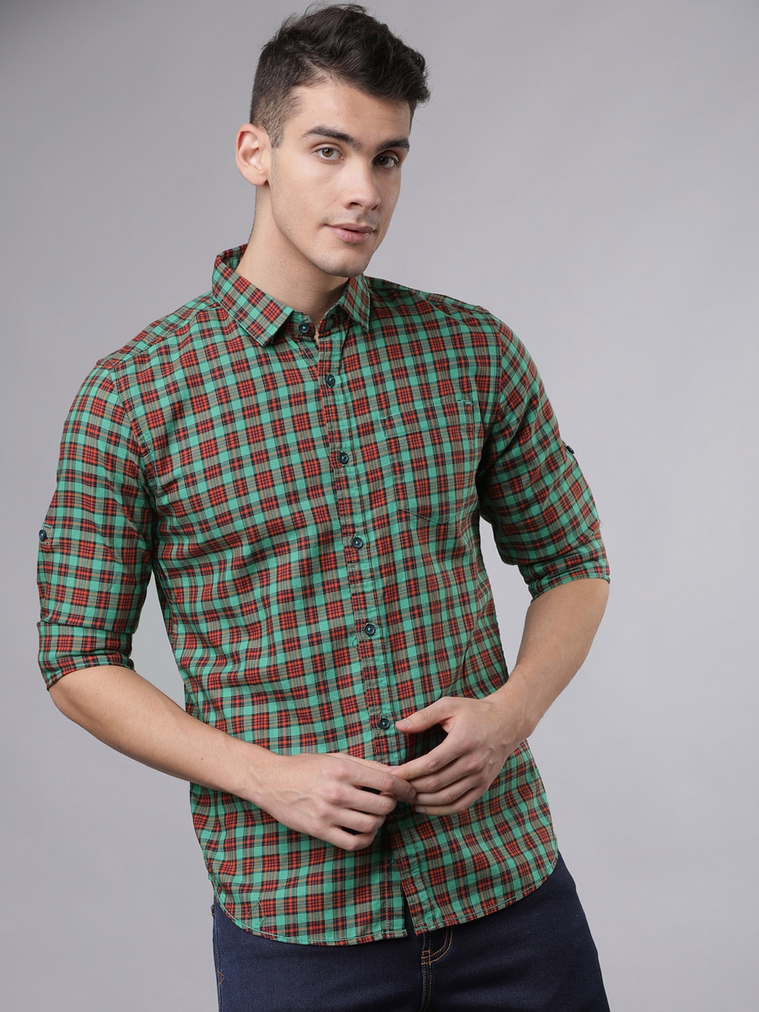 

LOCOMOTIVE Men Green & Orange Slim Fit Checked Casual Shirt