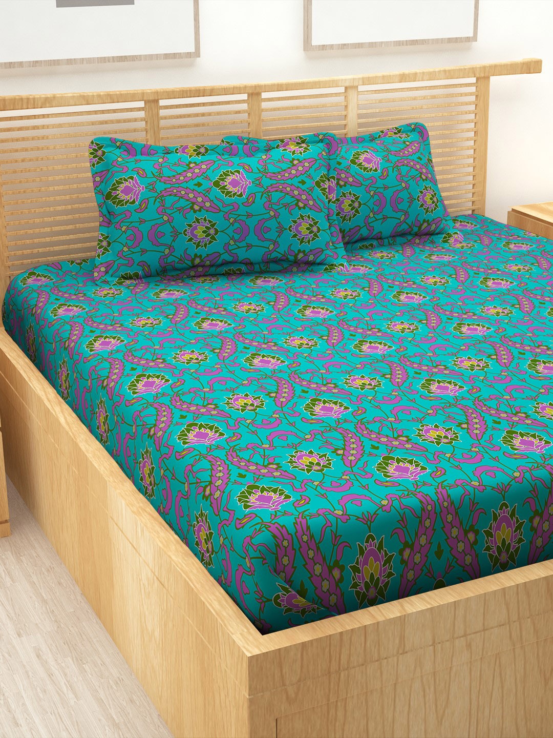 

Story@home Sea Green & Yellow Ethnic Motifs 152 TC Cotton 1 Queen Bedsheet with 2 Pillow Covers