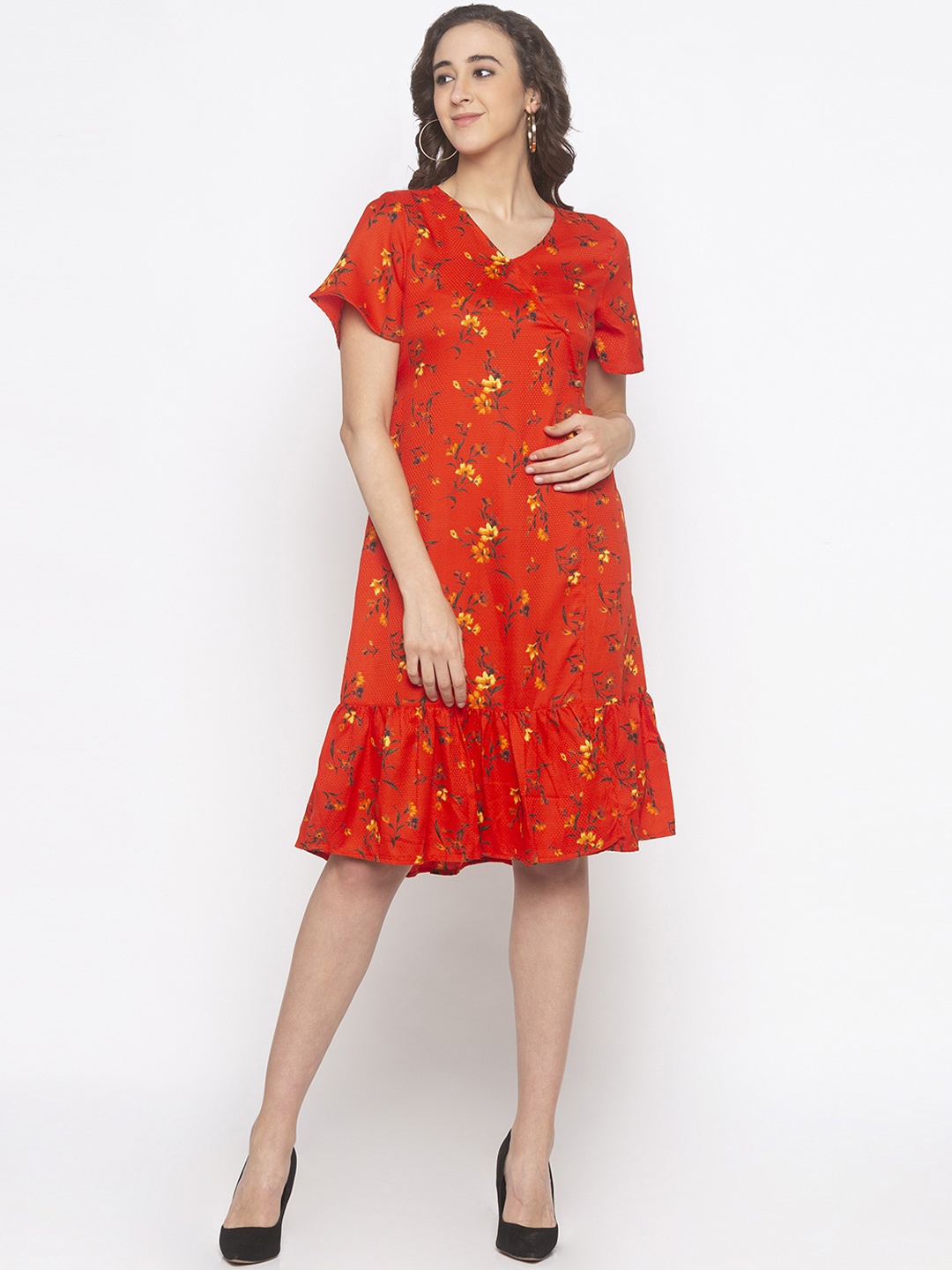 

Globus Women Coral Orange Printed Wrap Dress