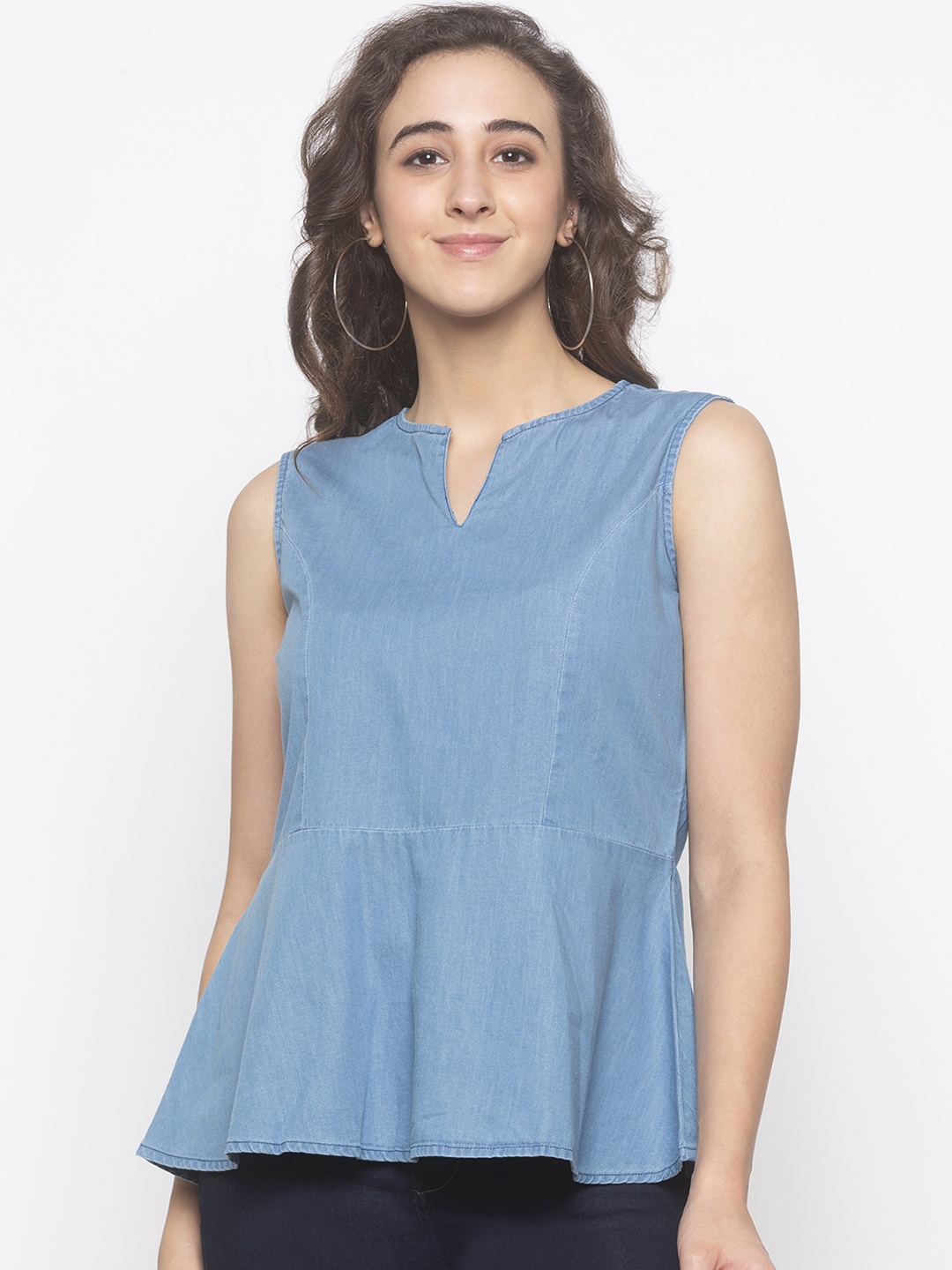 

Globus Women Blue Solid Peplum Pure Cotton Top