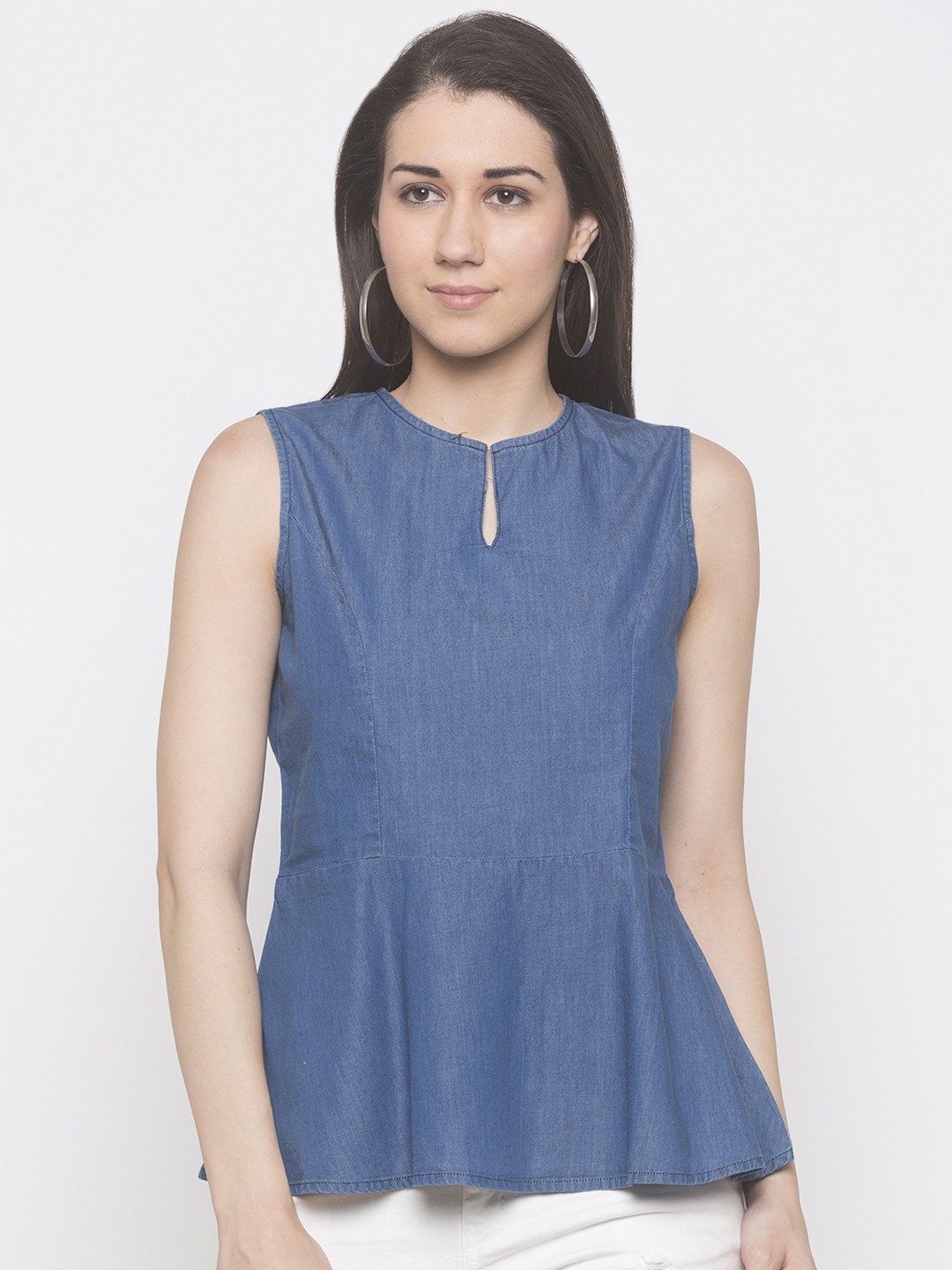 

Globus Women Blue Solid Peplum Pure Cotton Top
