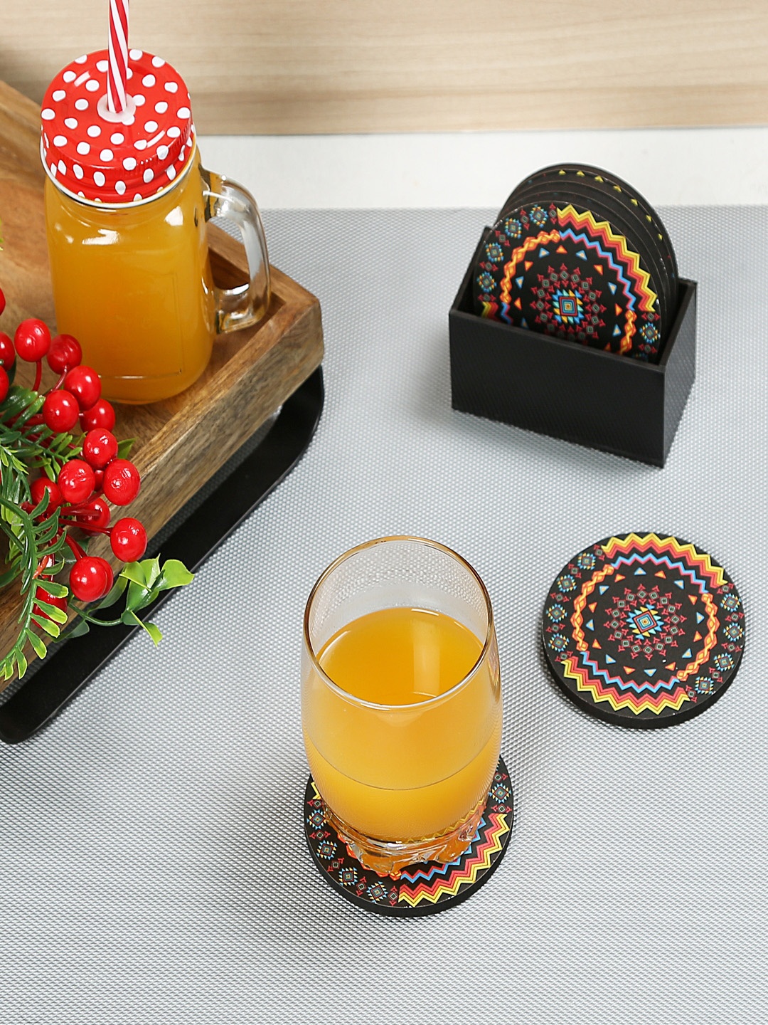 

CRAYTON Set of 6 Black & Orange Printed MDF Coasters With Holder