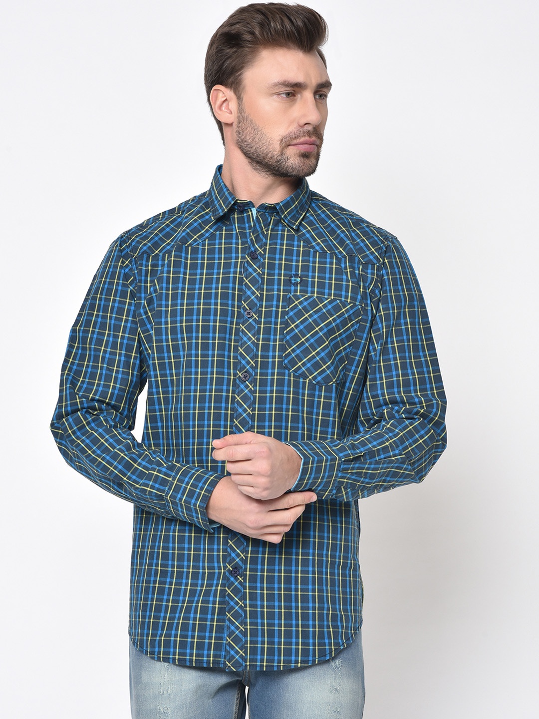 

Duke Men Blue & Yellow Slim Fit Checked Casual Shirt