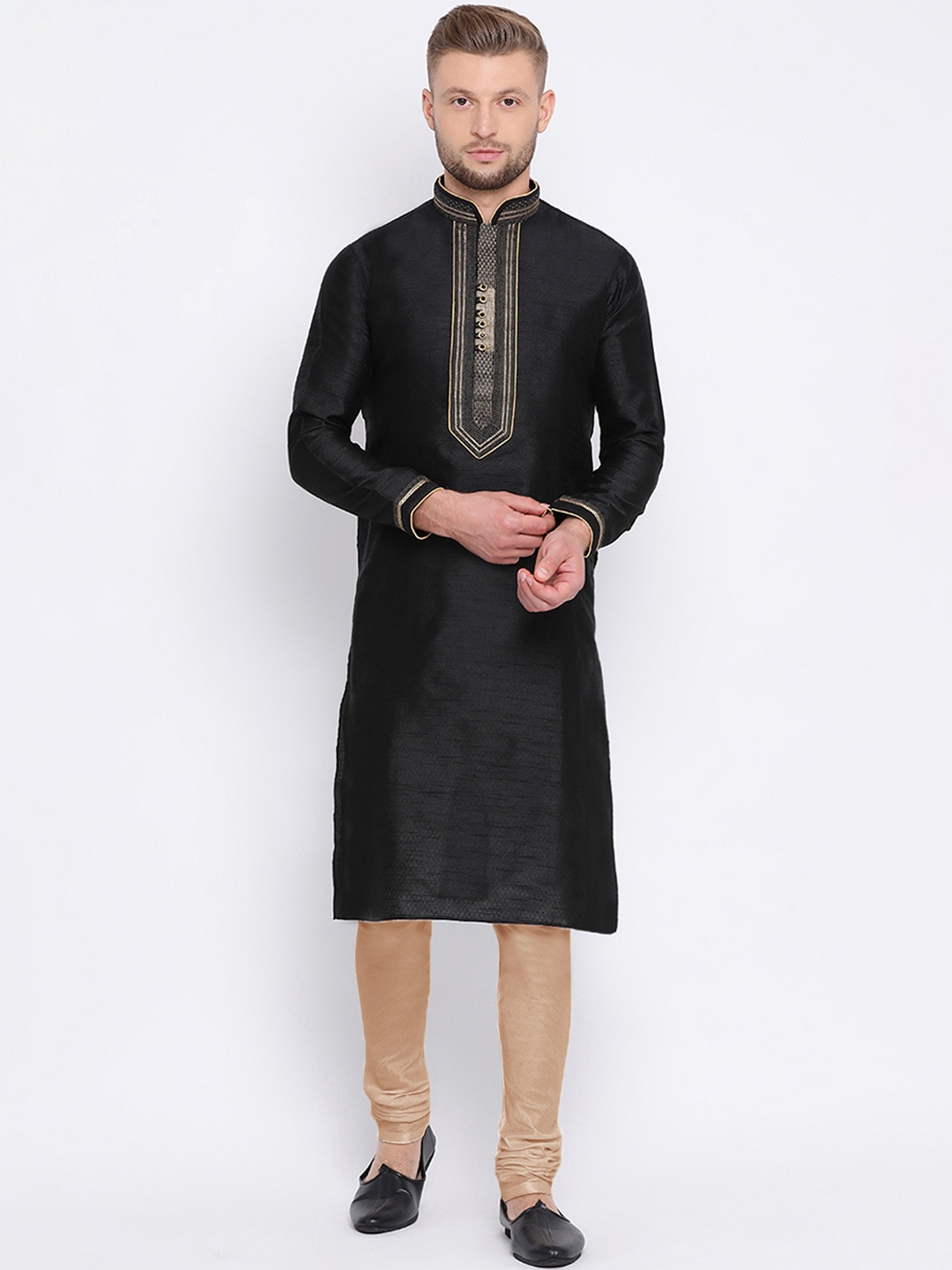 

Sanwara Men Black & Gold-Toned Embroidered Kurta with Churidar