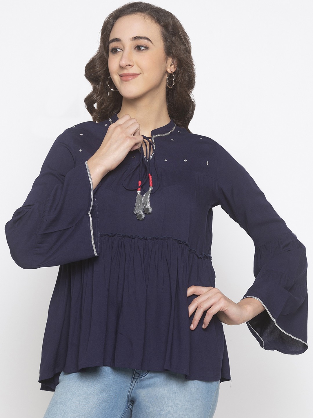 

Globus Women Navy Blue Embellished A-Line Top