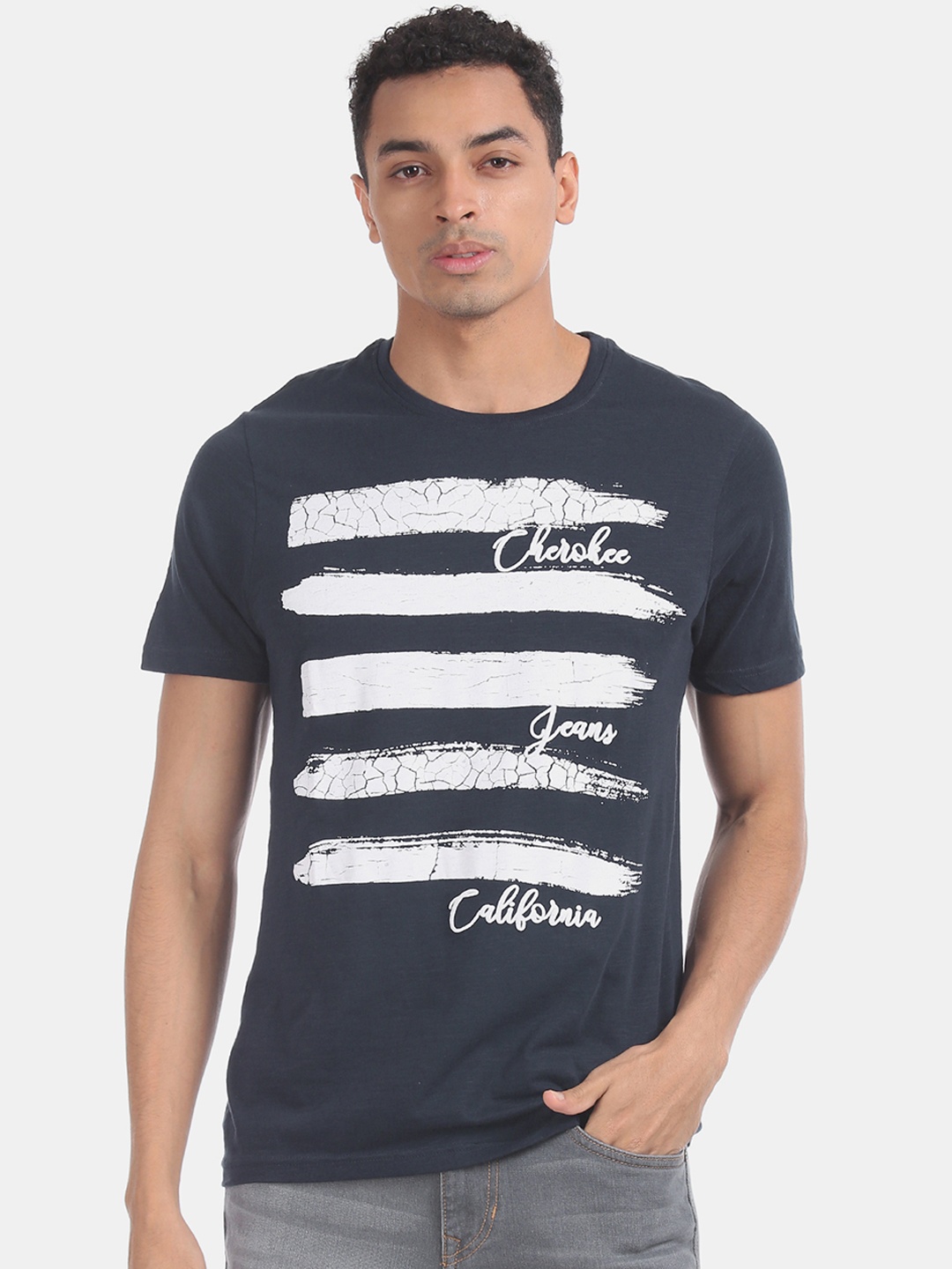 

Cherokee Men Blue & White Printed Round Neck T-shirt