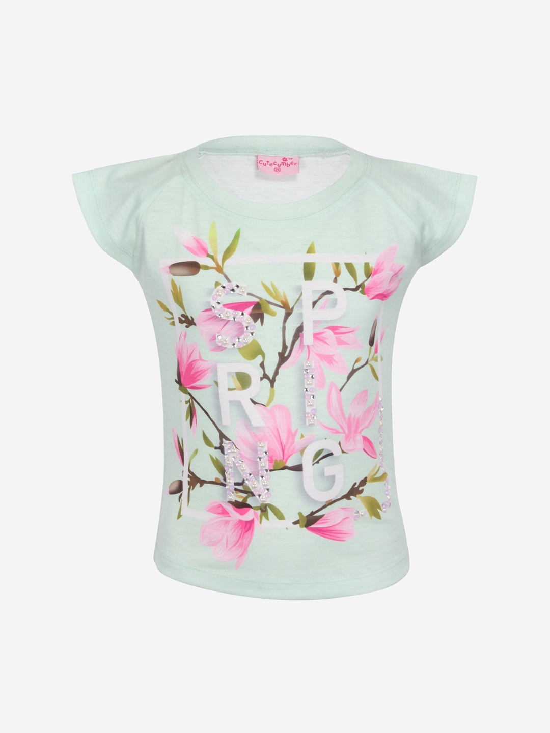 

CUTECUMBER Girls Green & Pink Printed T-Shirt