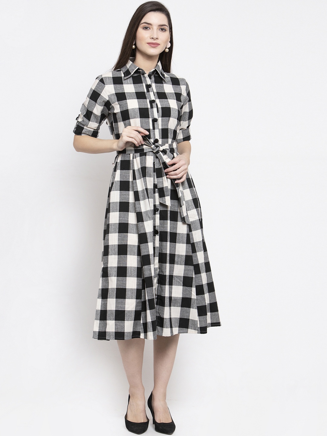 

Purple State Women White Checked Shirt Dress
