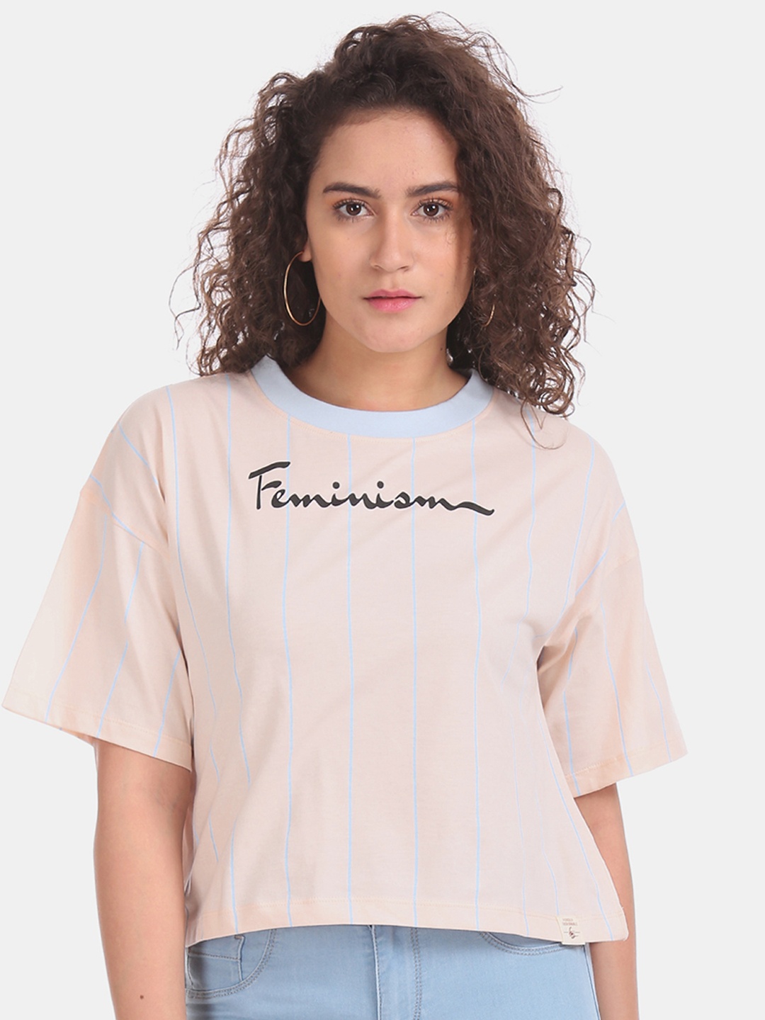 Flying Machine Women Beige & Blue Striped Round Neck T-shirt