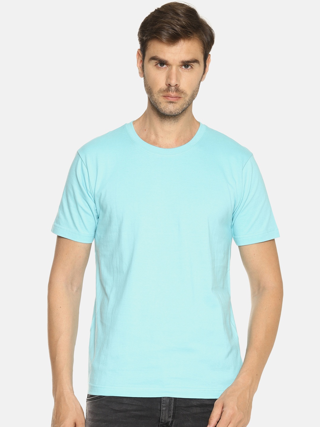 

OBOW Men Turquoise Blue Solid Round Neck Pure Cotton T-shirt