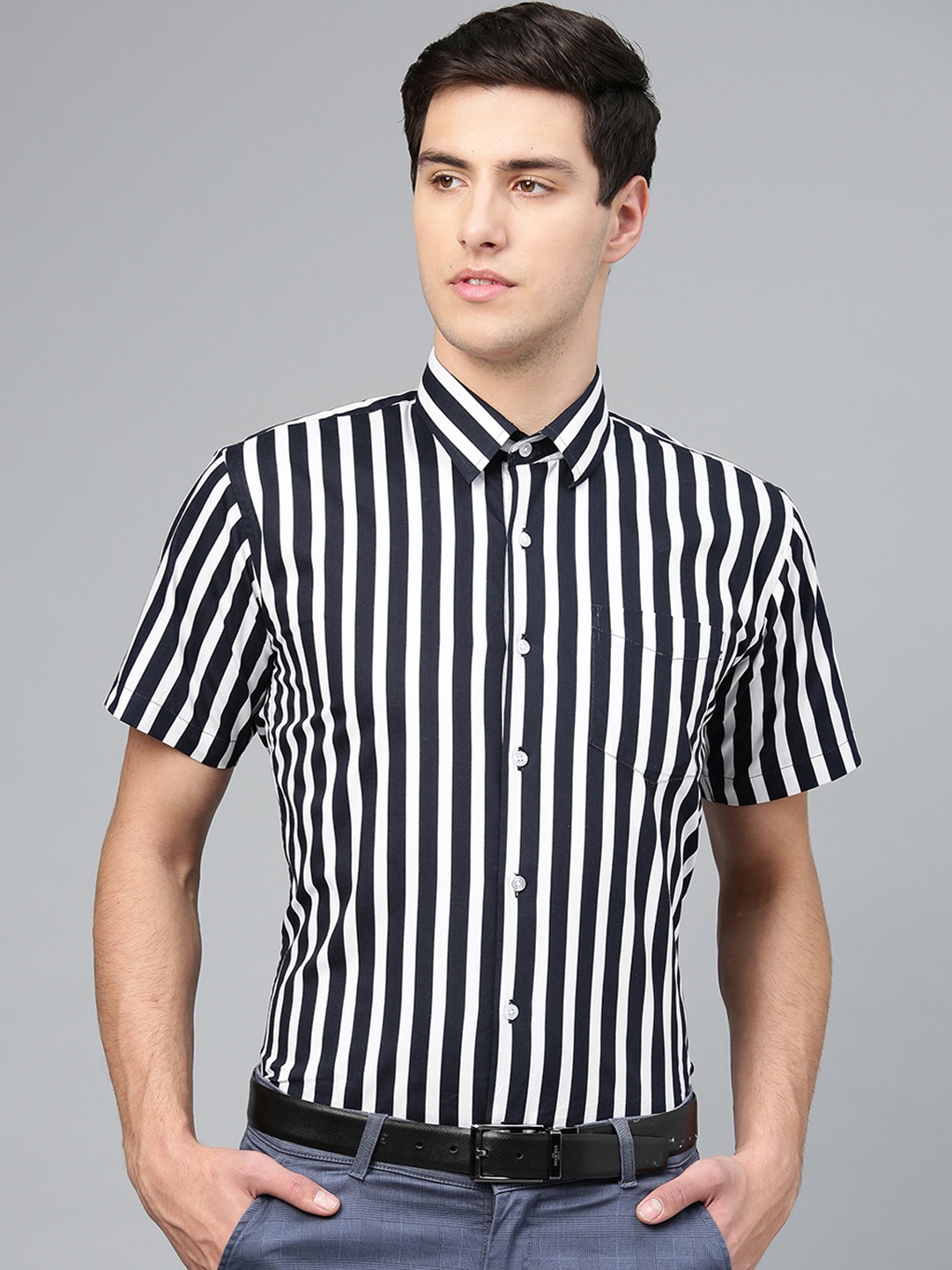 

Hancock Men Navy Blue & White Slim Fit Striped Formal Shirt