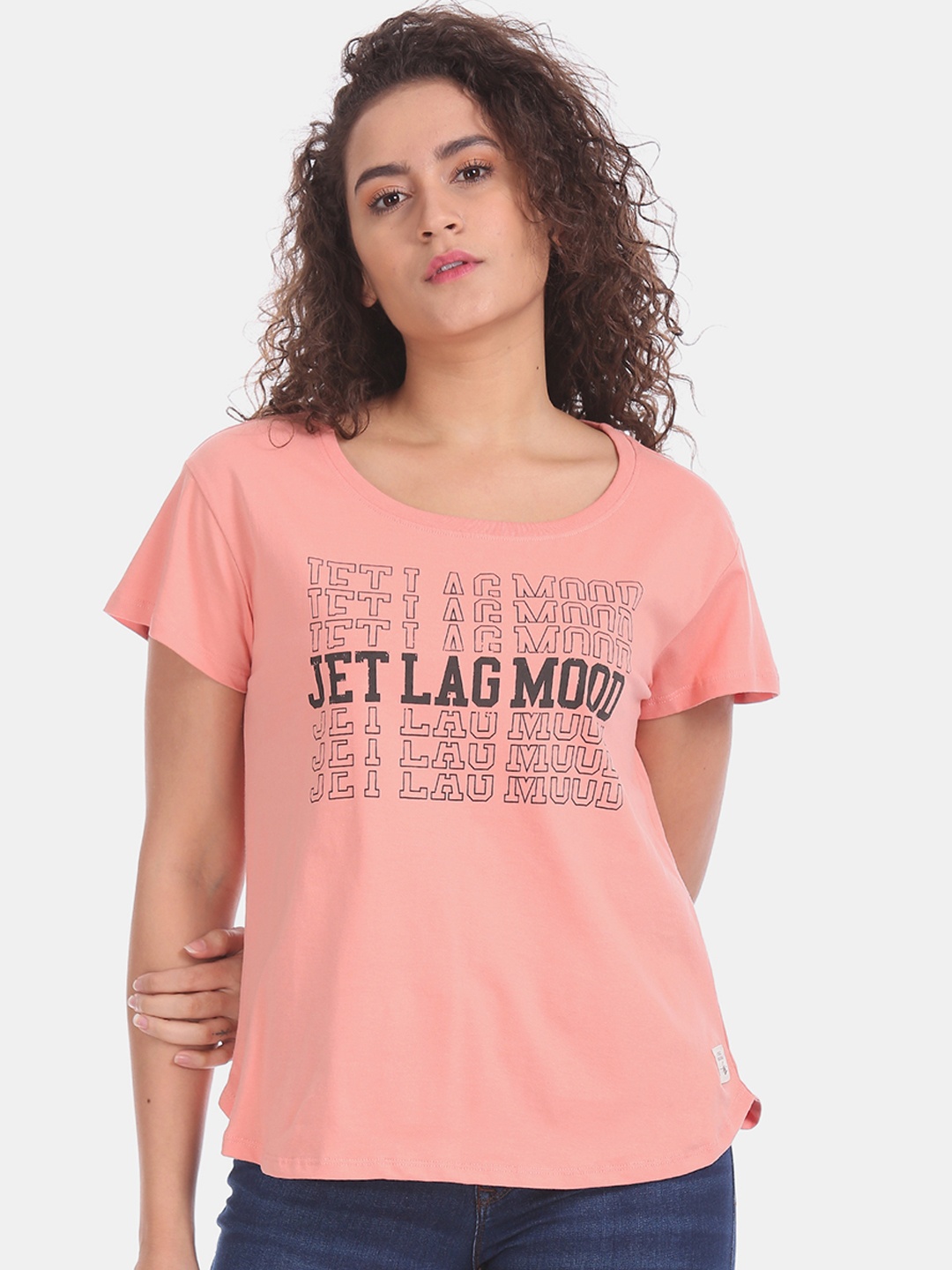

Flying Machine Women Peach-Coloured & Black Printed Round Neck T-shirt