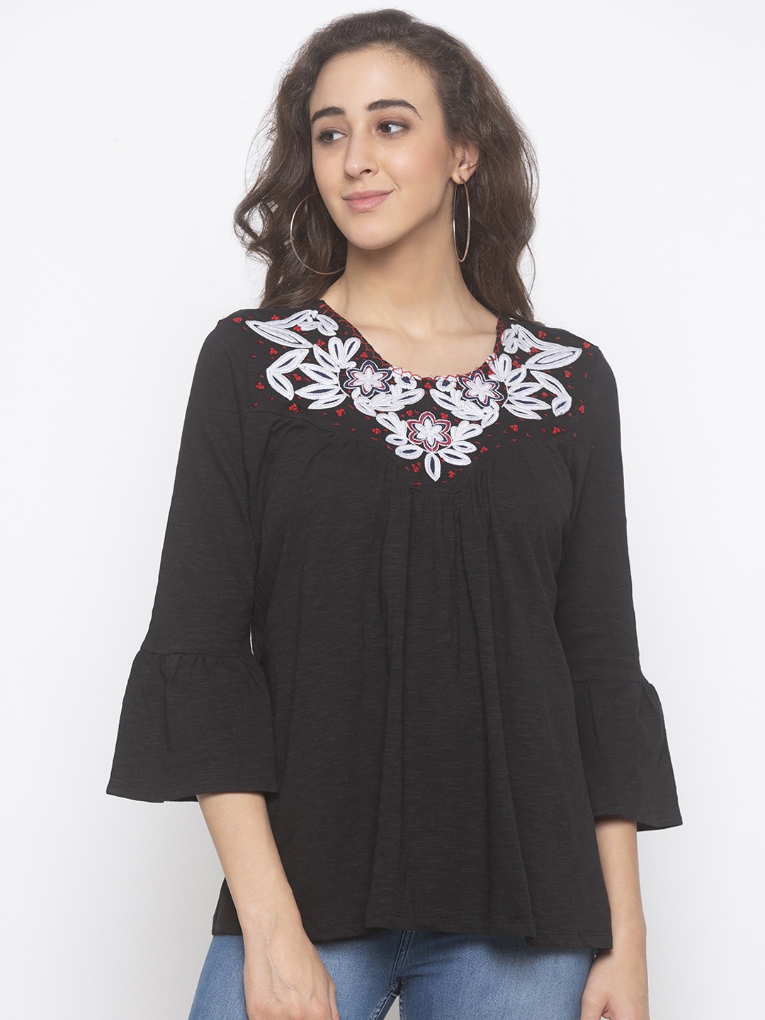 

Globus Women Black Embroidered A-Line Pure Cotton Top