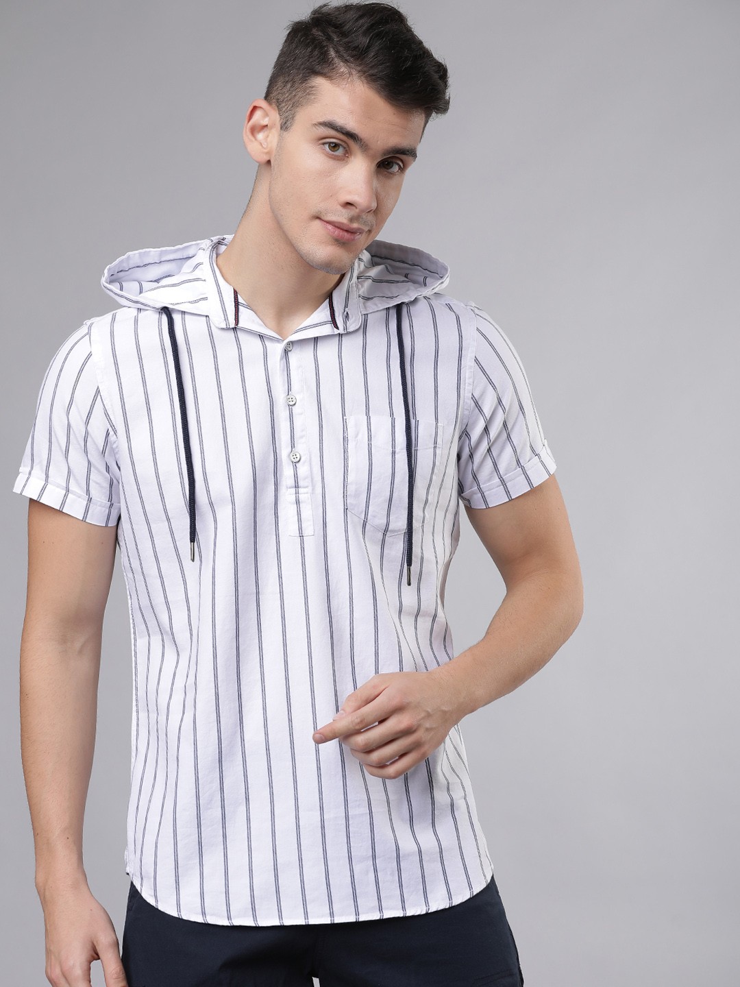 

LOCOMOTIVE Men White & Navy Blue Slim Fit Striped Casual Hooded Shirt