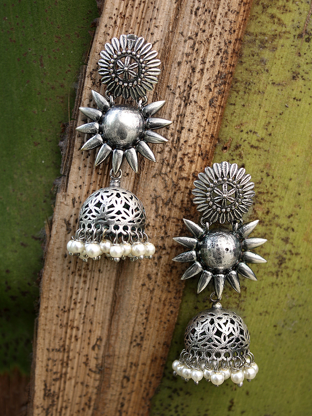 

Adwitiya Collection Silver-Plated Oxidised White Dome Shaped Jhumkas
