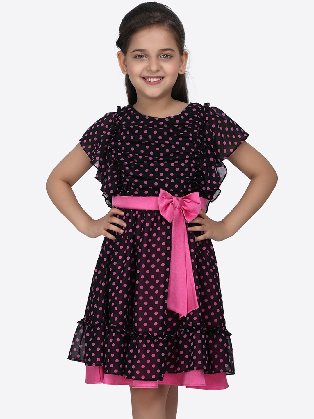 

CUTECUMBER Girls Black & Pink Printed Fit and Flare Dress