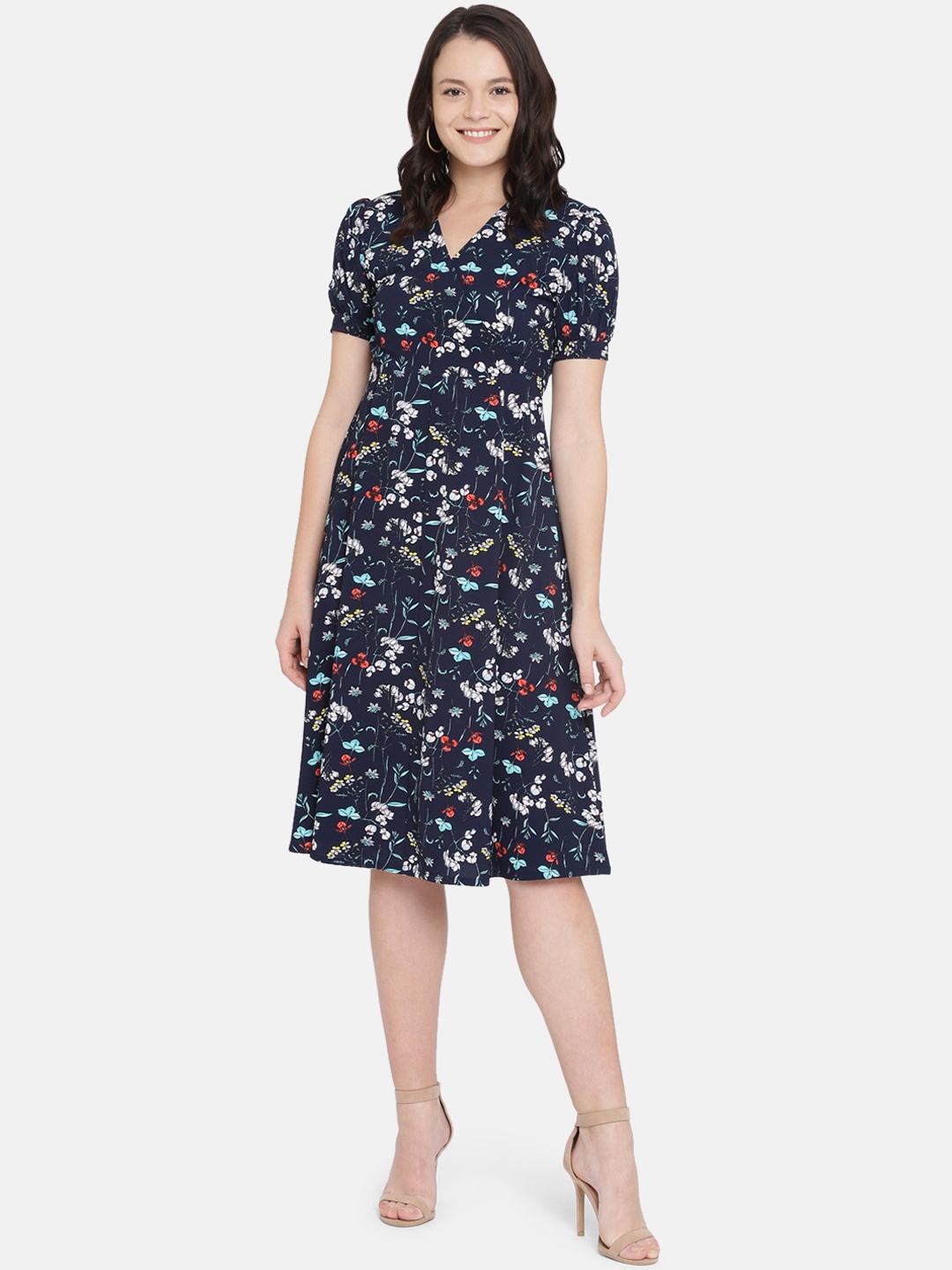 

ISU Women Navy Blue Floral Printed Fit and Flare Dress