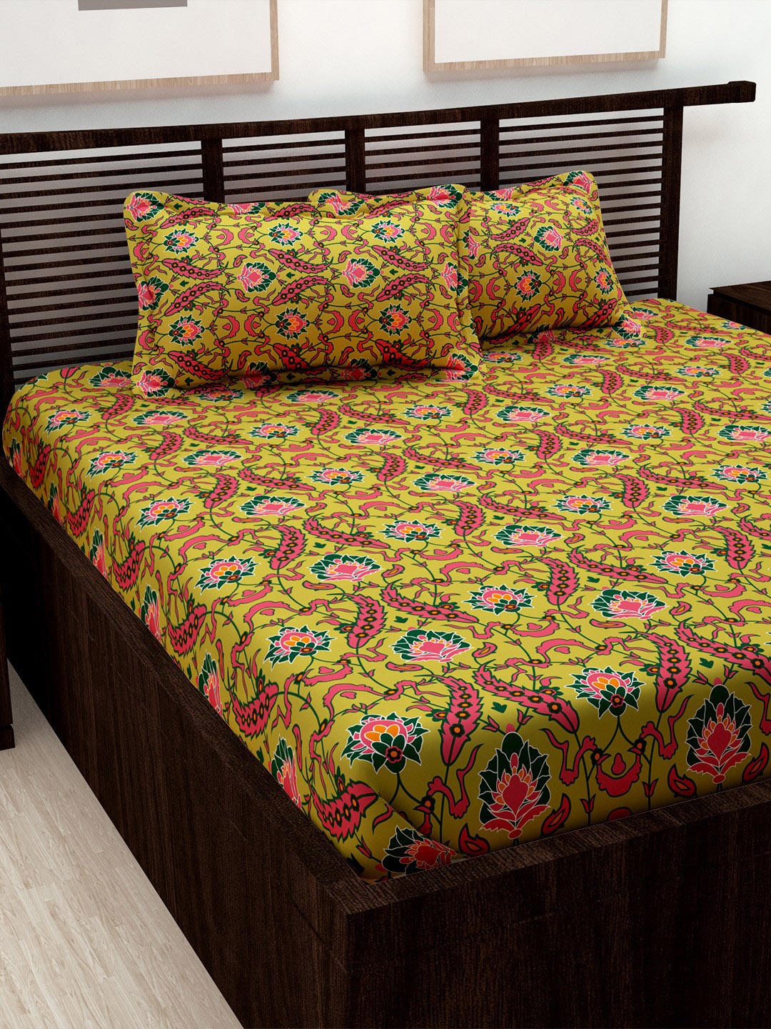 

Story@home Yellow & Pink Floral 152 TC Cotton 1 Queen Bedsheet with 2 Pillow Covers