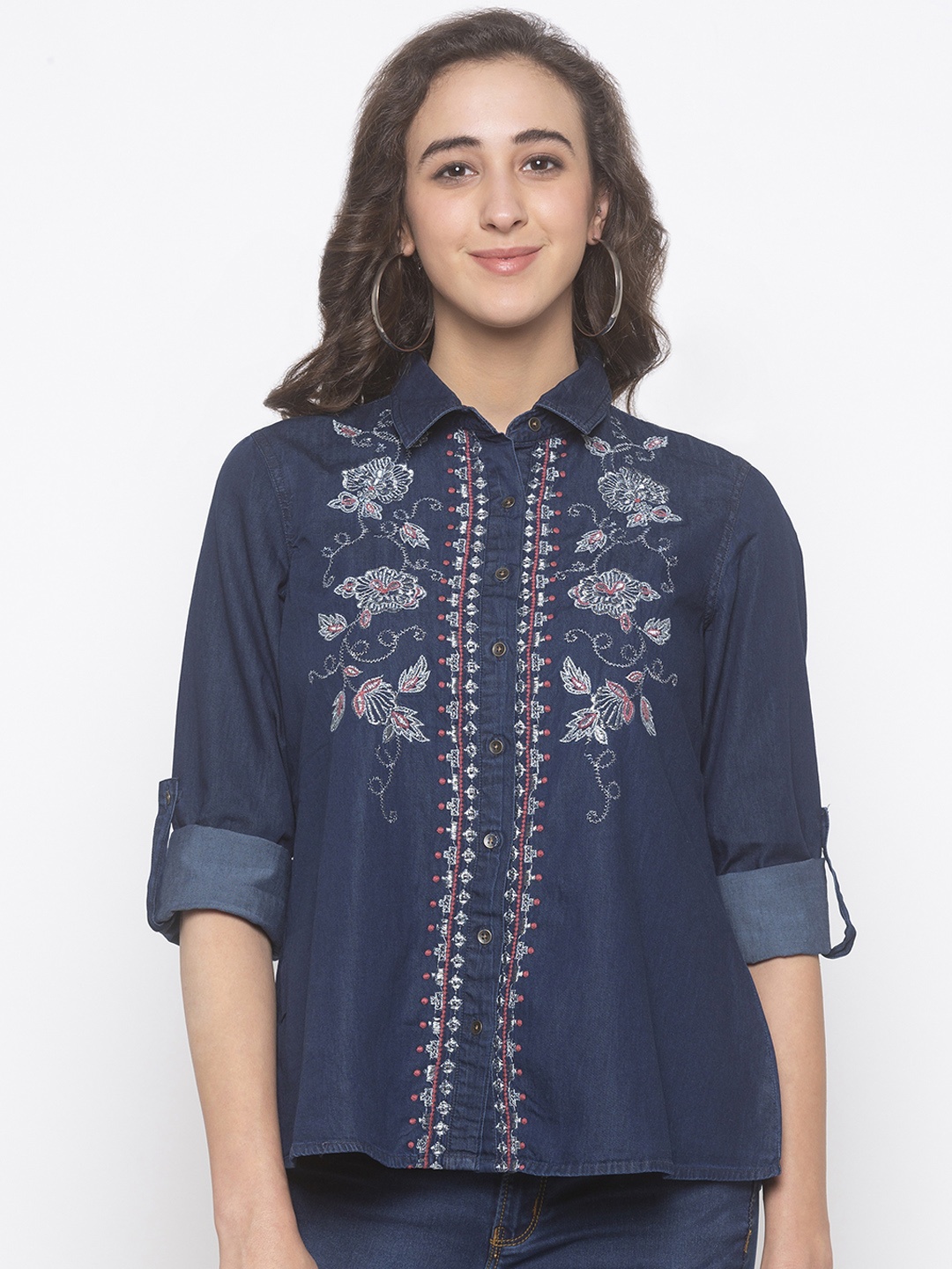 

Globus Women Navy Blue Embroidered Shirt Style Pure Cotton Top