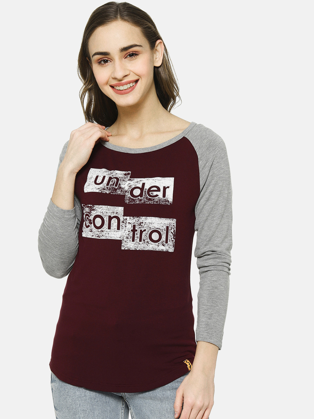 

Campus Sutra Women Maroon Colourblocked Pure Cotton Top